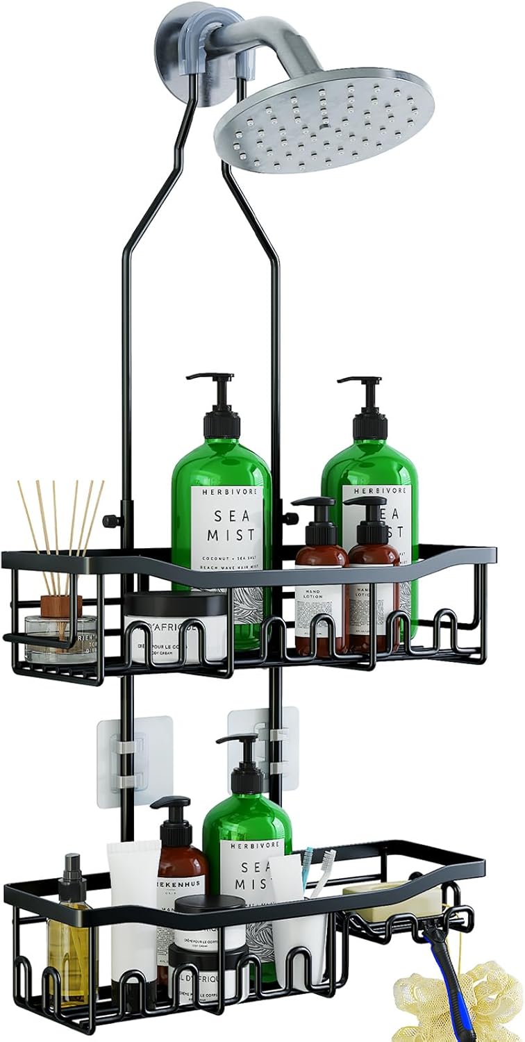 Shower Caddy, Extended Length Shower Organizer with Hooks, Rustproof Shampoo Soap Holder, Large Hanging Bathroom Caddy