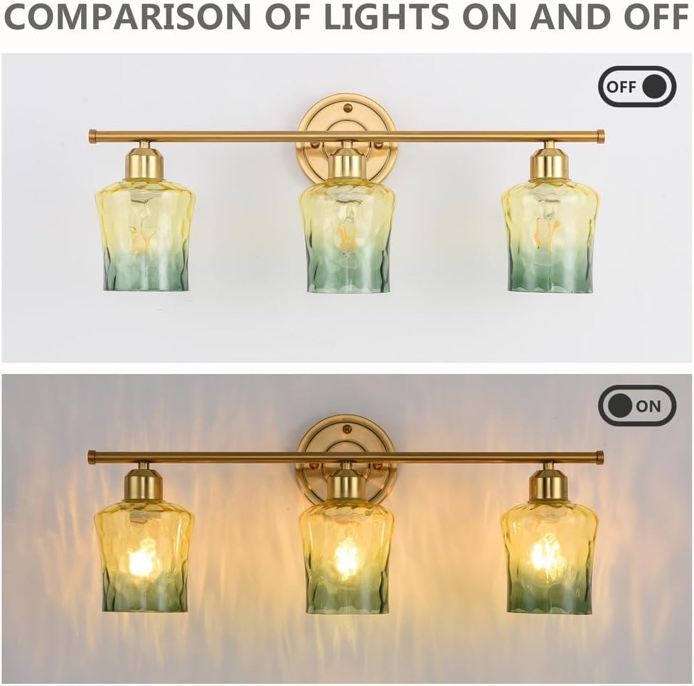 Modern 3-Light Glass Bathroom Light Over Mirror, Gold Vanity Light with Yellow Green Gradient Glass Shade, E26 Bathroom Vanity Light, for Kitchen, Hallway, Cabinet, Bedroom, Living Room