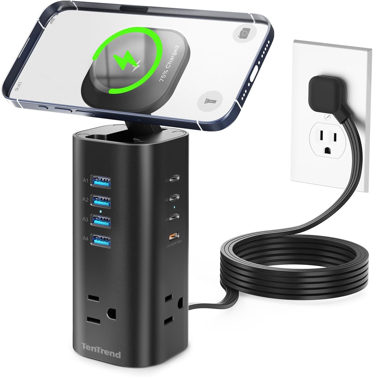TenTrend Power Strip Tower, 4.8A Fast Charging Tower, 10 FT Extension Cord | 12 AC Outlets & 8 USB Ports (4USB-C), Flat Plug Charging Station for Home, Office, Dorm Room