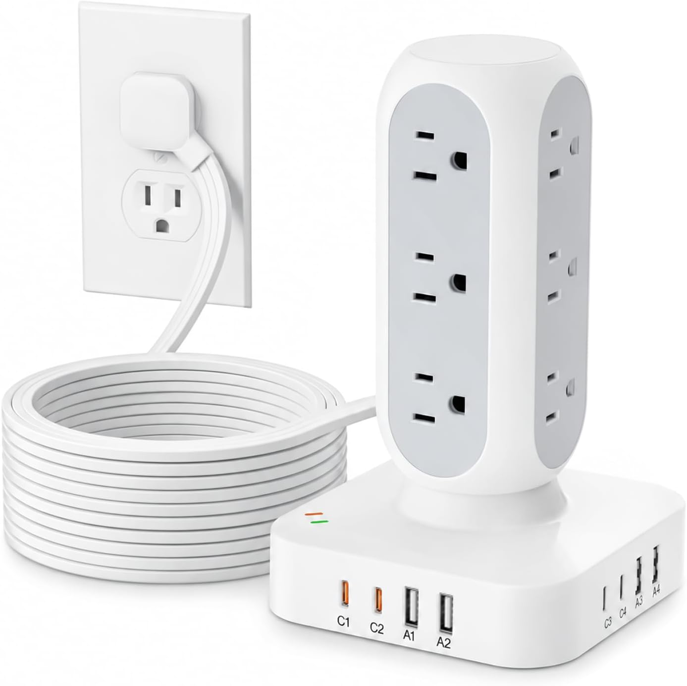 Flat Plug Power Strip Tower, TenTrend 40W Total Fast Charging Station, 10FT | 12 AC Outlets & 8 USB Ports (4 USB C), Dual PD 20W, Long Extension Cord for Desk Office Dorm Room