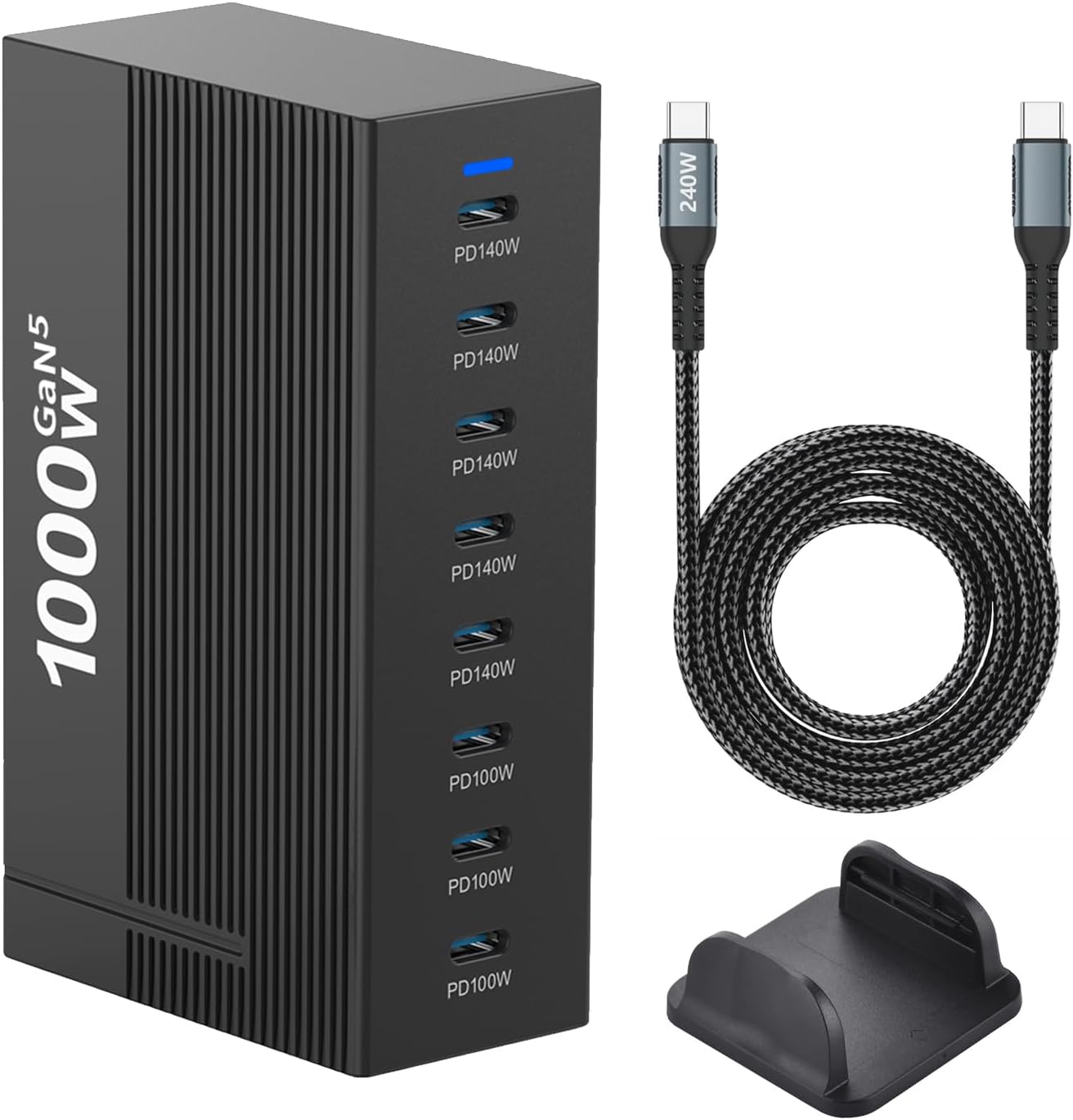 1000W 10-Port GaN 4 Desktop Charging Station with 240W 6.6 ft Data Cable - Compatible with Tablets, Phones, Laptops, Gaming Consoles, Headphones