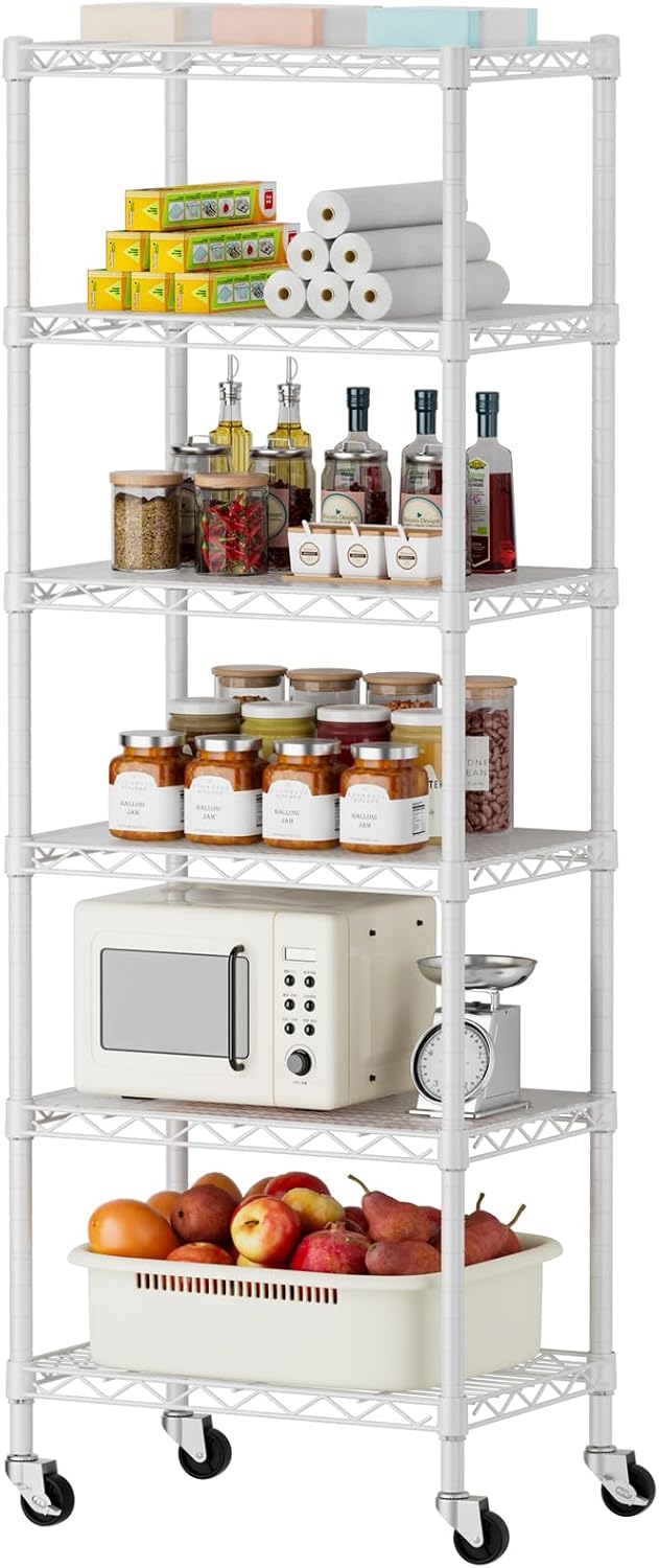 SINGAYE 6 Small Shelf Storage Wire Shelves Closet Bathroom Organizers Metal Pantry Kitchen Garage Shelving Unit Laundry Room Organization Home Narrow Rack Net Basket with Wheels White