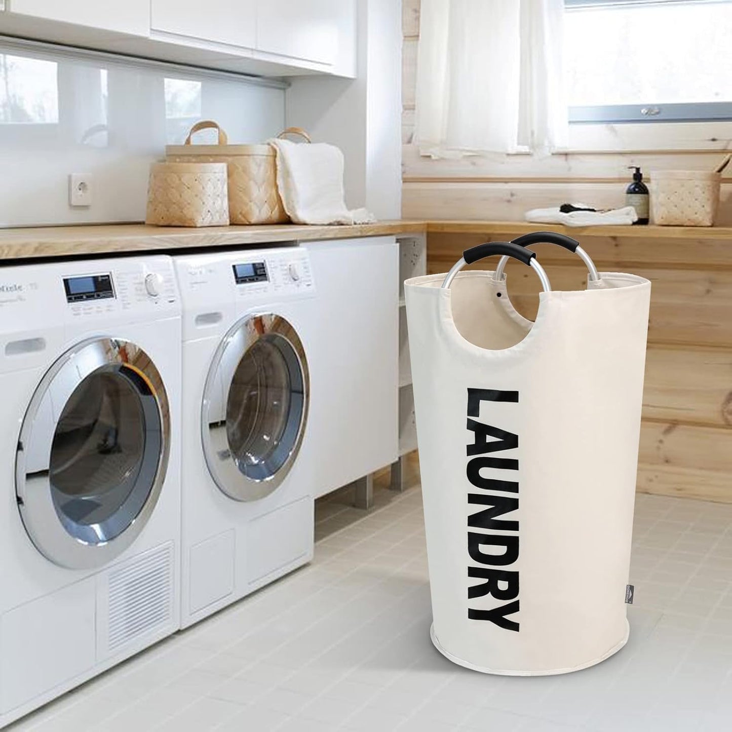DOKEHOM 90L Large Laundry Basket, Collapsible Laundry Bag, Freestanding Tall Clothes Hamper, Foldable Washing Bin (Beige)