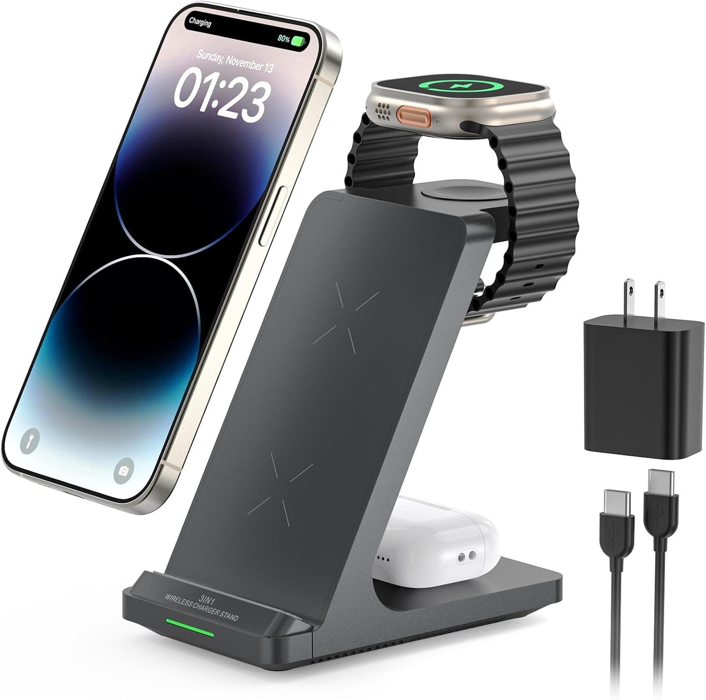 3 in 1 Fast Wireless Charging Station for Multiple Apple Devices | Wireless Charger Stand for Apple Watch Series 11-1/Ultra/SE, iPhone 17 16 15 14 13 12 11 Pro Max/Plus/Air/X/XS/XR/SE, Airpods