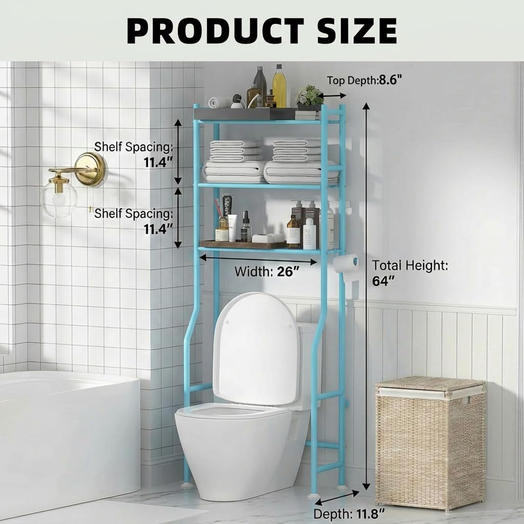 GloTika 3-Tier Over Toilet Storage with Anti-Tilt Safety System - 150lb Total Capacity Metal Bathroom Shelves Including Paper Holder & 4 Hooks, Space Saving Above Commode Organizer (64" H, Blue)