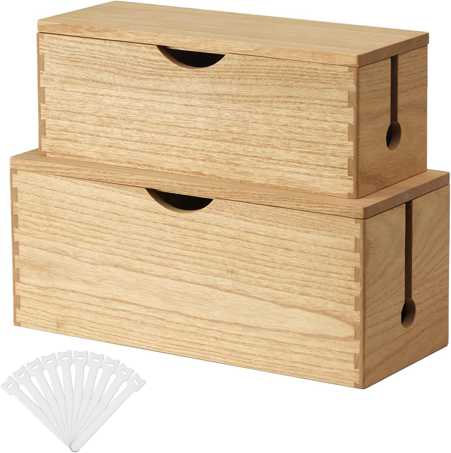 KIRIGEN Wooden Cable Management Box Set of 2, Cord Organizer, Natural | Large and Small Solid Wood Boxes with Removable Lids for Power Strips, Chargers, Routers, and Desks Home Office