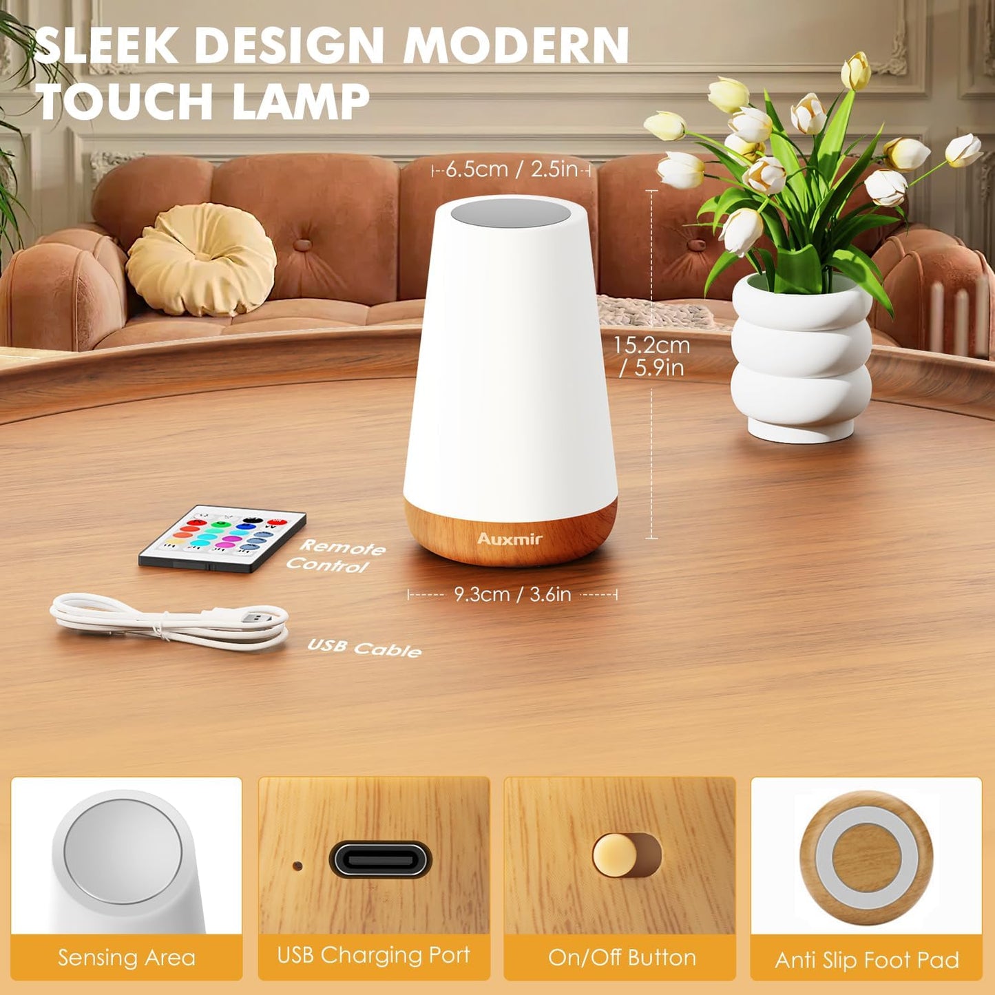 Auxmir Rechargeable LED Night Light, Touch & Remote Control Bedside Lamp with 13 Colors, 5 Brightness Levels, Portable Table Lamp for Kids Baby Nursery, Bedroom, Bathroom, Camping, Light Brown