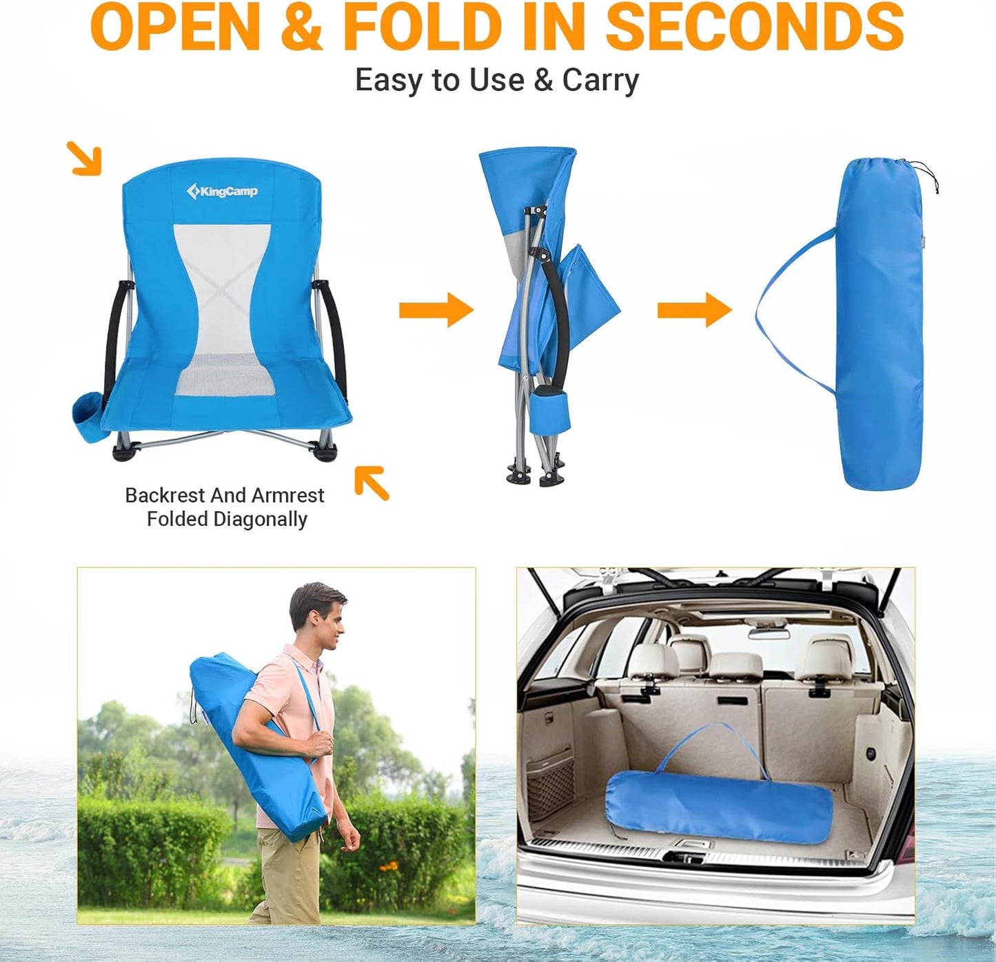 KingCamp Low Beach Chair, High Back Folding Camping Chair for Adults, Oversized Breathable Mesh Seat, 300lbs Heavy Duty Portable Chair with Cup Holder & Storage Pockets for Beach, Outdoor