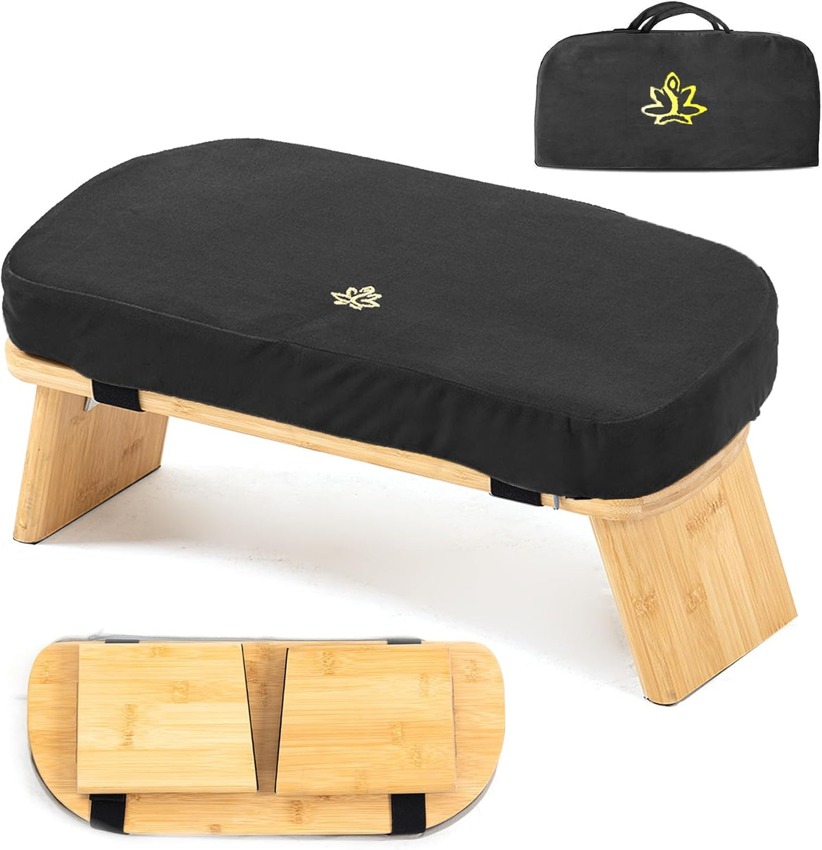 Bamboo Meditation Bench, Foldable Prayer Stool (Green & Bag)