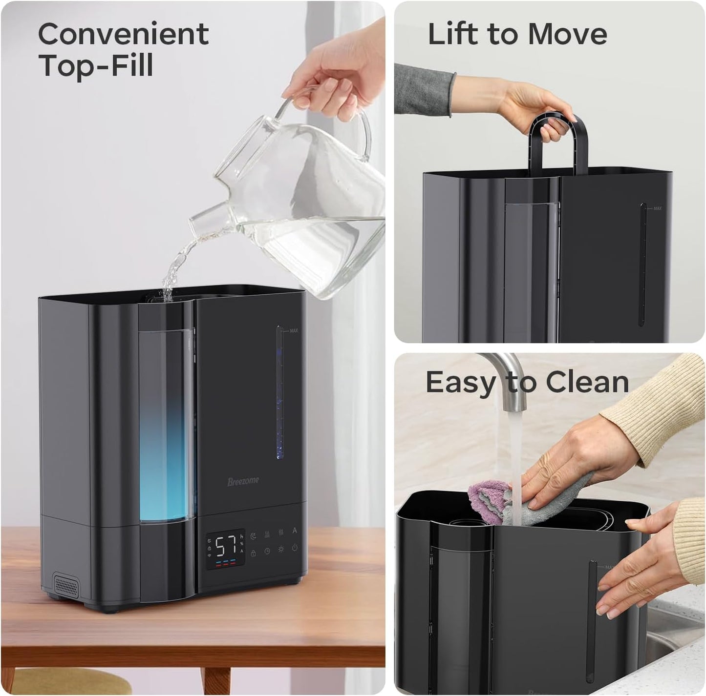 BREEZOME 8L Humidifiers for Bedroom, Warm & Cool Mist for Large Room Home, Top Fill Ultrasonic Humidifier, Humidity Sensor, Essential Oil, 60H Runtime, Quiet for Baby, Plants, Fast Relief