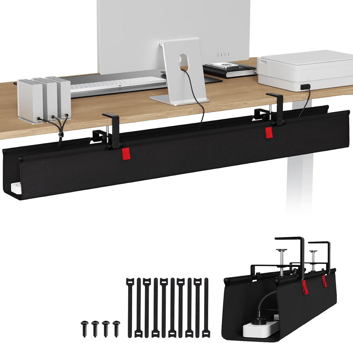 KEEGH No Drill Fabric Under Desk Cable Management Tray 28 in,Black