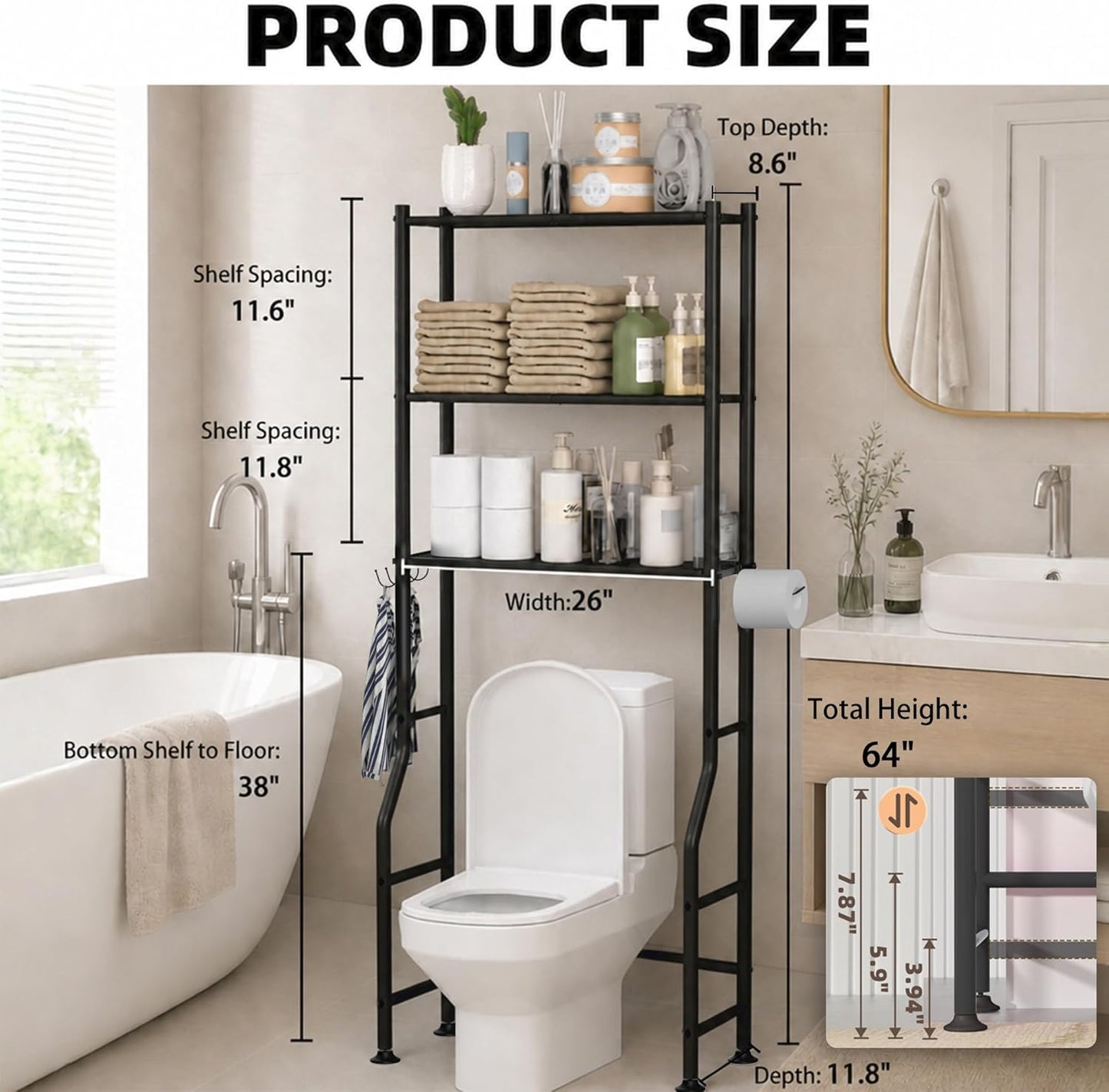 GloTika 3-Tier Over Toilet Storage with Anti-Tilt Safety System - 150lb Total Capacity Metal Bathroom Shelves Including Paper Holder & 4 Hooks, Space Saving Above Commode Organizer (64" H, Black)