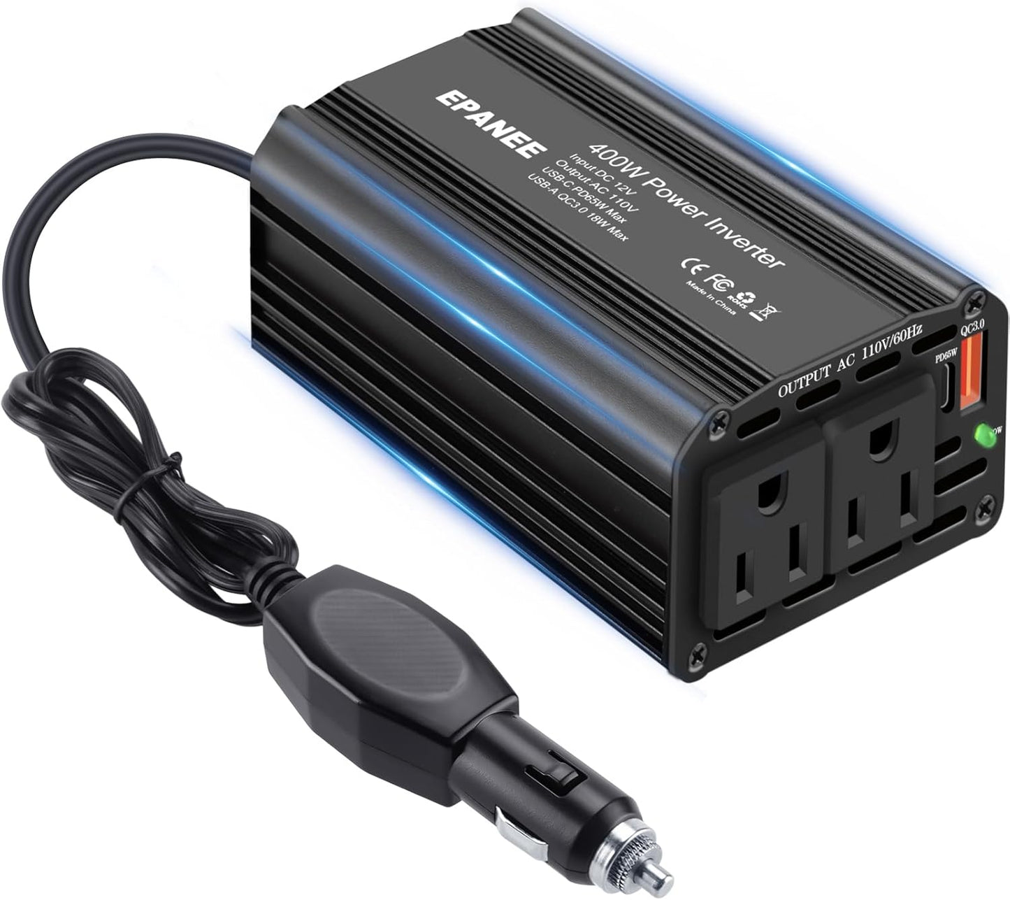 400W Power Inverter 12V DC to 110V AC, Car Charger Plug in Adapter Outlet with PD 65W USB-C&QC 18W Port, Portable Power Converters for Laptop Vehicles Camping Road Trip Essentials Adults
