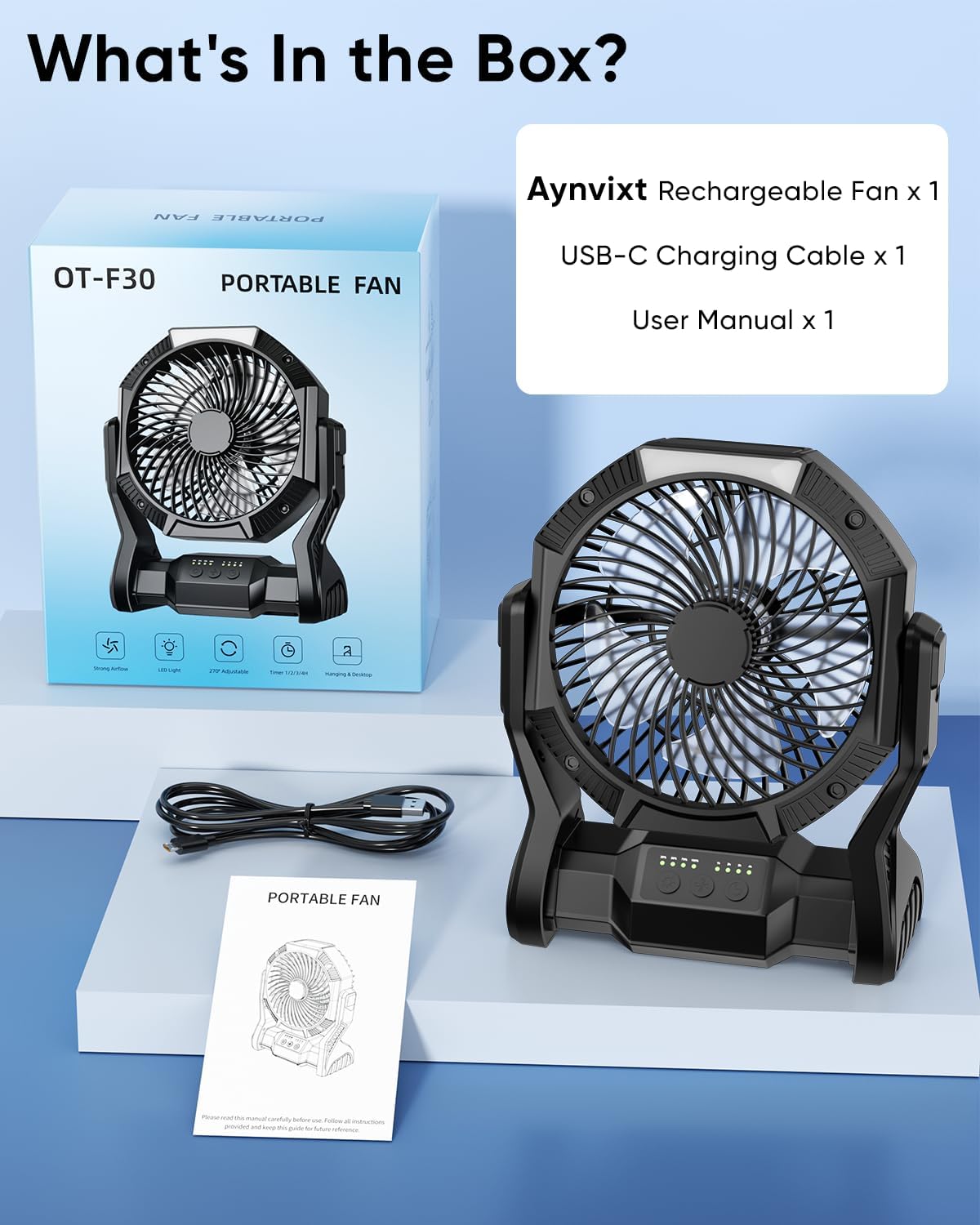Portable Rechargeable Fan, 20000mAh Battery Powered Camping Fan with LED Light & Hook, 270° Adjustable, 4-Speed, 4H Timer Camping Essentials for Outdoor Tent Travel BBQ Car, Gifts for Men Dad