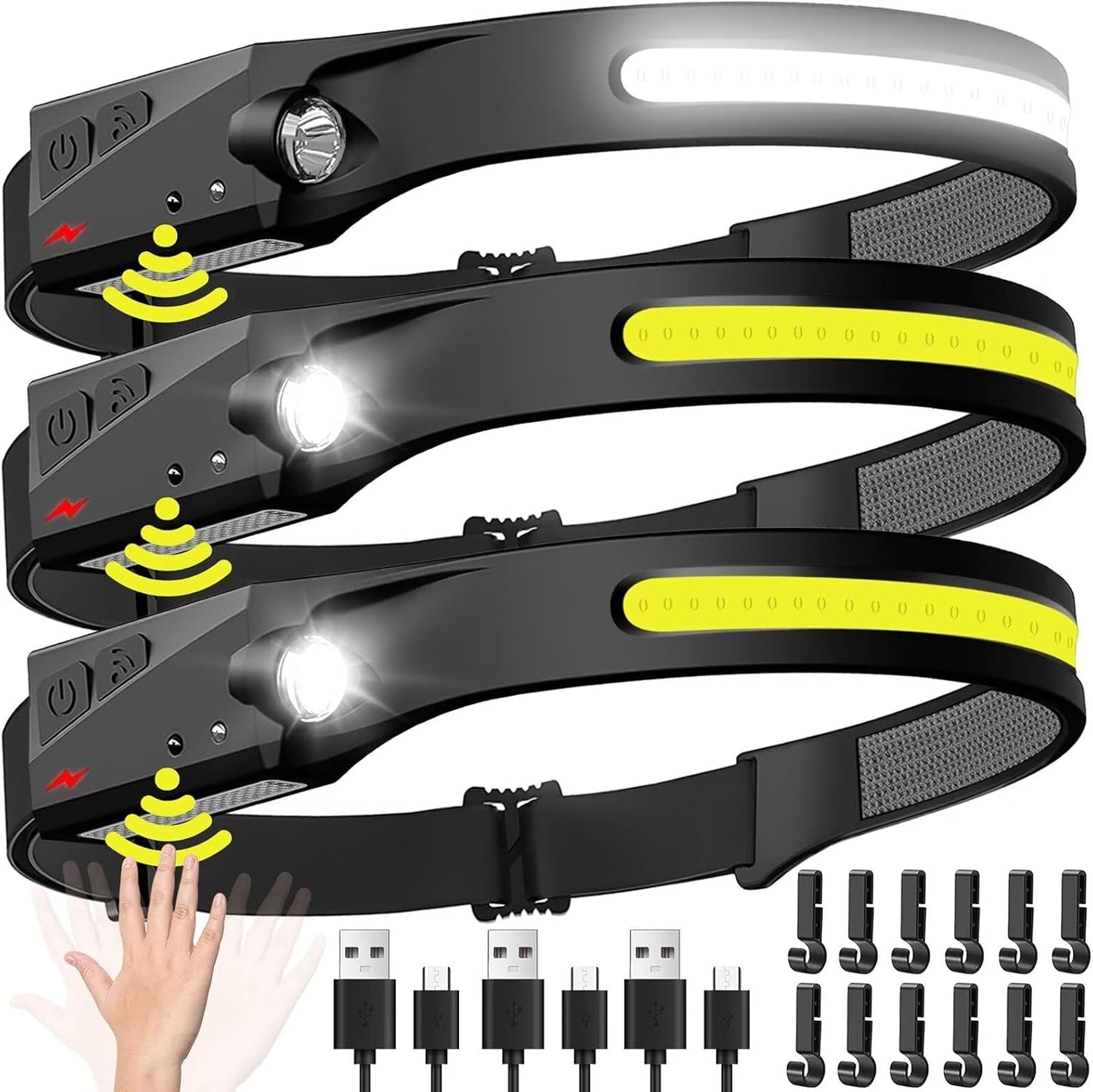 Headlamp Rechargeable 2PCS, 230° Wide Beam Head Lamp LED with Motion Sensor for Adults - Camping Accessories Gear, Waterproof Head Light Flashlight for Hiking, Running, Repairing, Fishing, Cycling