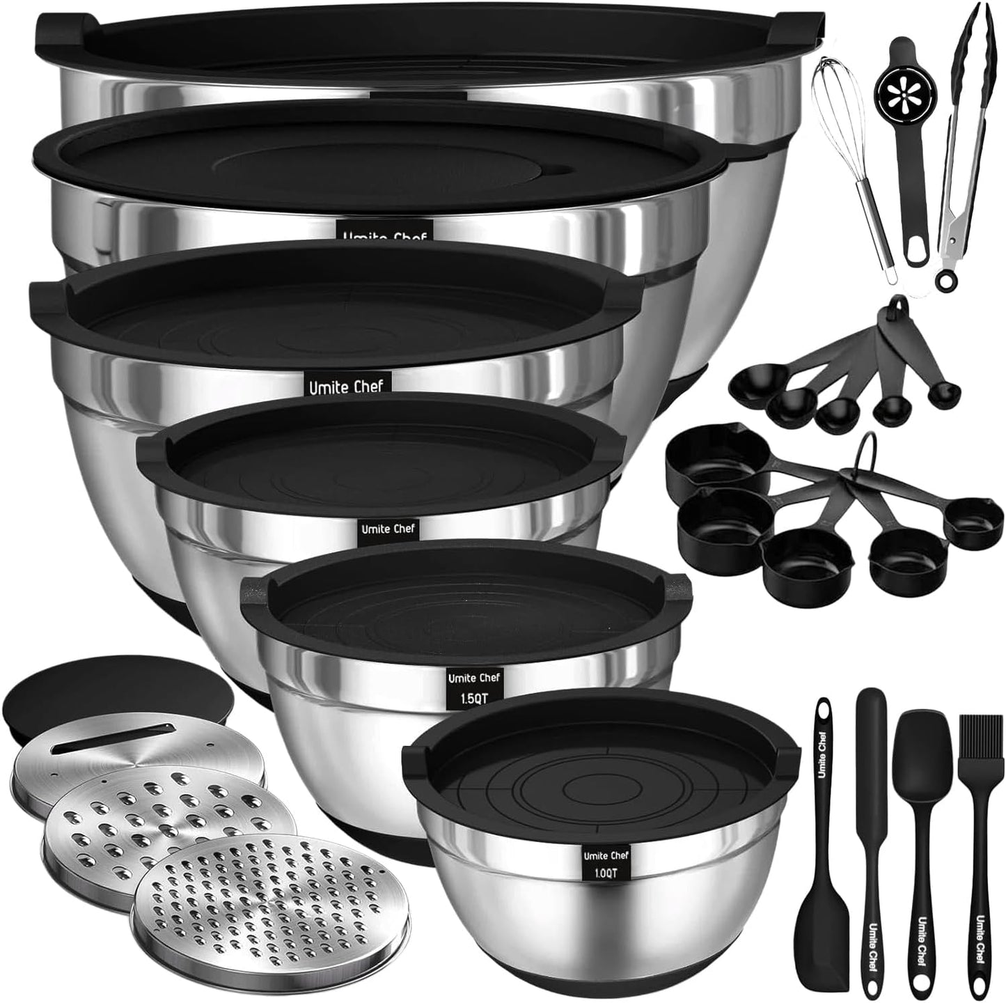 Mixing Bowls with Airtight Lids Set, 26PCS Stainless Steel Khaki Bowls with Grater Attachments, Non-Slip Bottoms & Kitchen Gadgets Set, Size 7, 4, 2.5, 2.0,1.5, 1QT, Great for Mixing & Serving