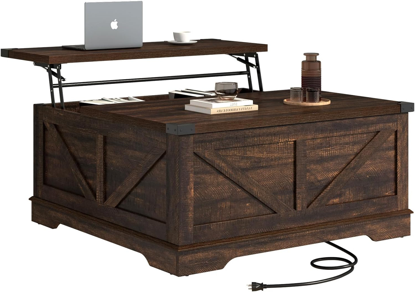 Hlivelood 40” Large Farmhouse Lift Top Coffee Table with Power Outlets and Large Hidden Storage, Square Wood Living Room Tables, Multi-Function Lift Wooden Barn Door Center Table, Brown