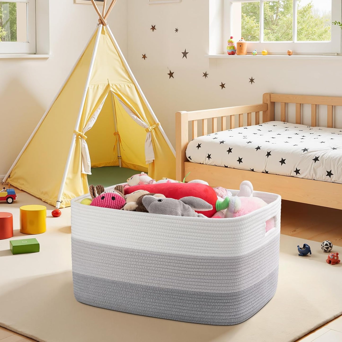 OIAHOMY Blanket Basket Laundry Basket Dog Toy Basket 75L Gradient Grey | Large Storage Basket,Baby Basket,Toy Storage,Woven Rope Basket for Blankets,Blanket Storage for Living Room