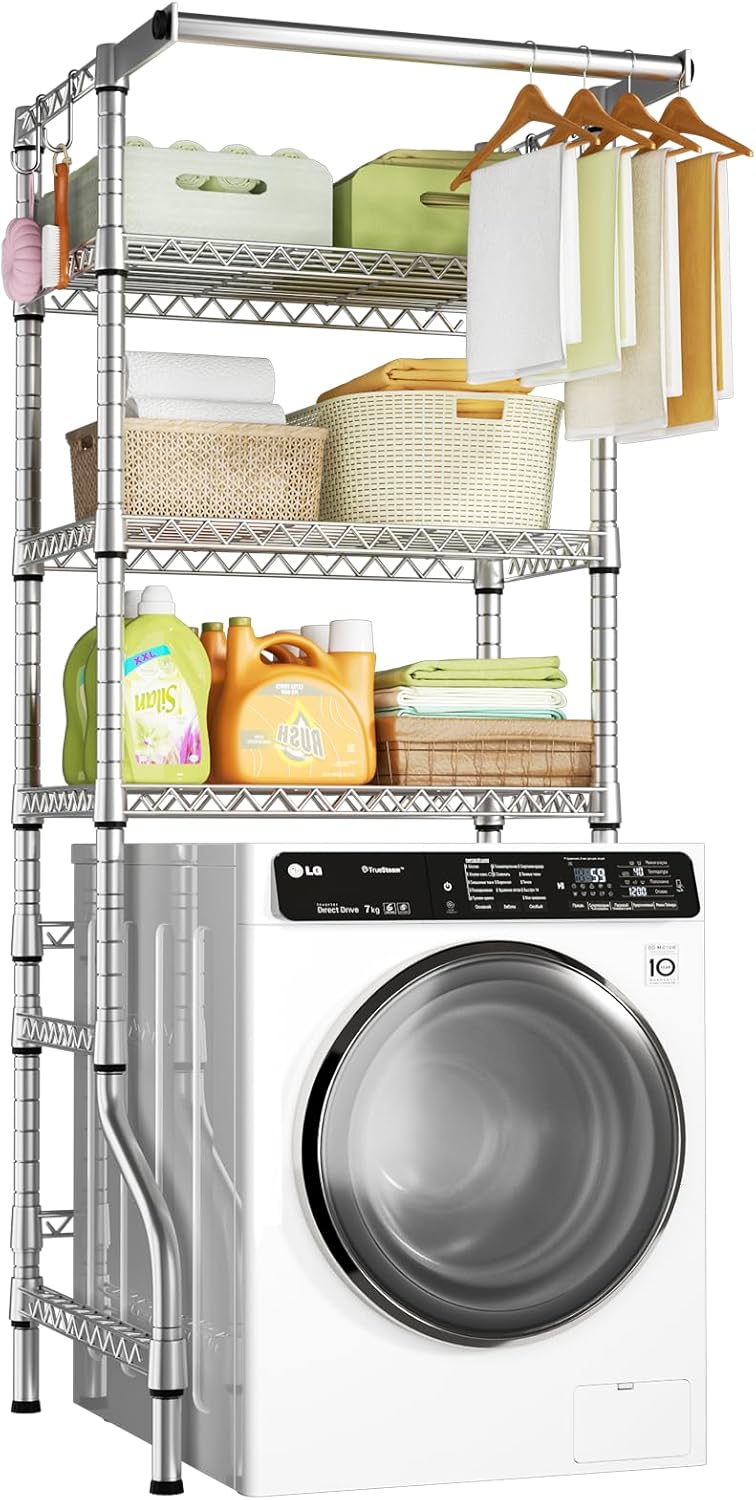 Ulif U11 Mini Over Washer and Dryer Shelves, 3 Tiers Laundry Room Storage and Organizer Standing Shelf, Metal Freestanding Clothes Drying Rack, 28.3”W x 19.7”D x 77.6”H, Black