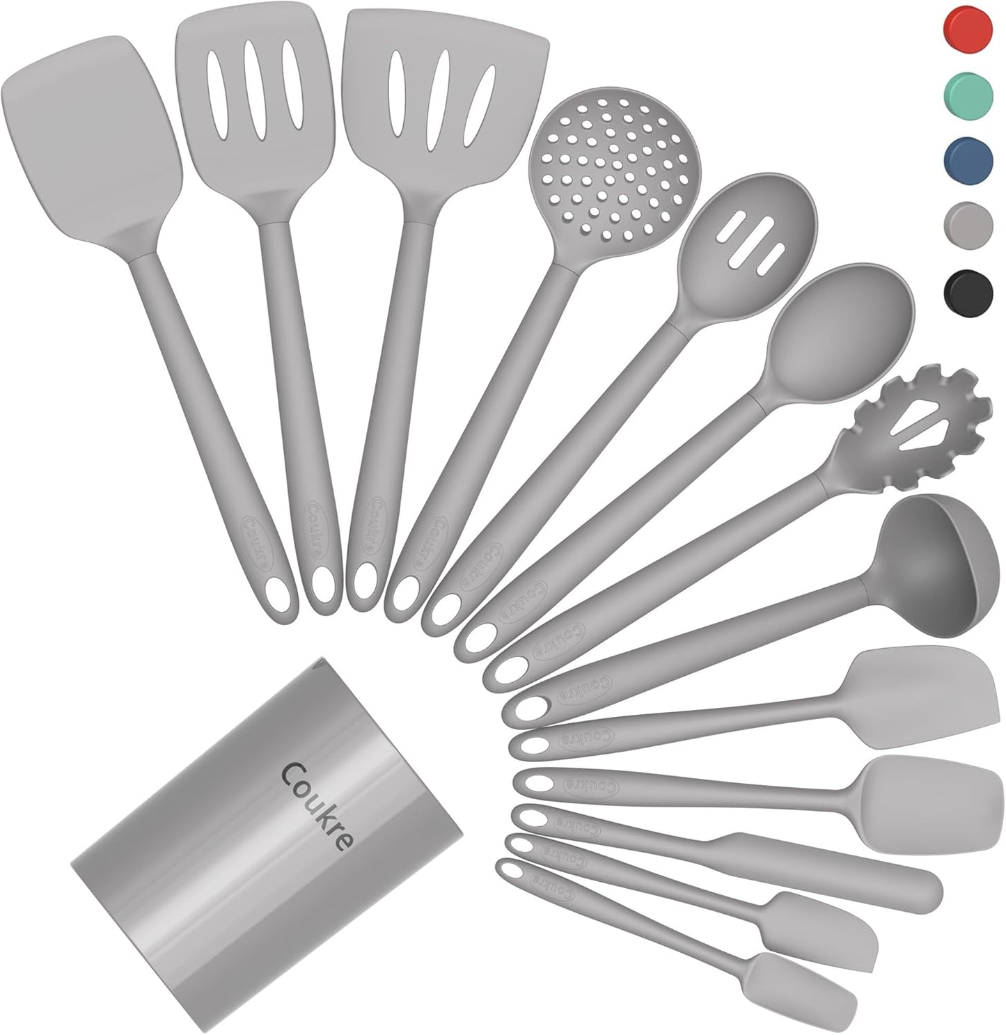Coukre Silicone Kitchen Cooking Utensils Set with Holder – Heat-Resistant, Food-Grade Kitchen Tools, Spatula, Spoon & Gadgets for Non-Stick Pans, Dishwasher Safe (14, PureBlack)