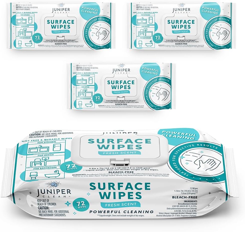 Juniper CLEAN 24 Pack Surface Cleaning Wipes Bleach Free, All-Purpose Cleaner for Bathroom, Kitchen, Office, 1728 Count Soft Flow, Fresh Scent, Bleach Free, Lint Free, Durable
