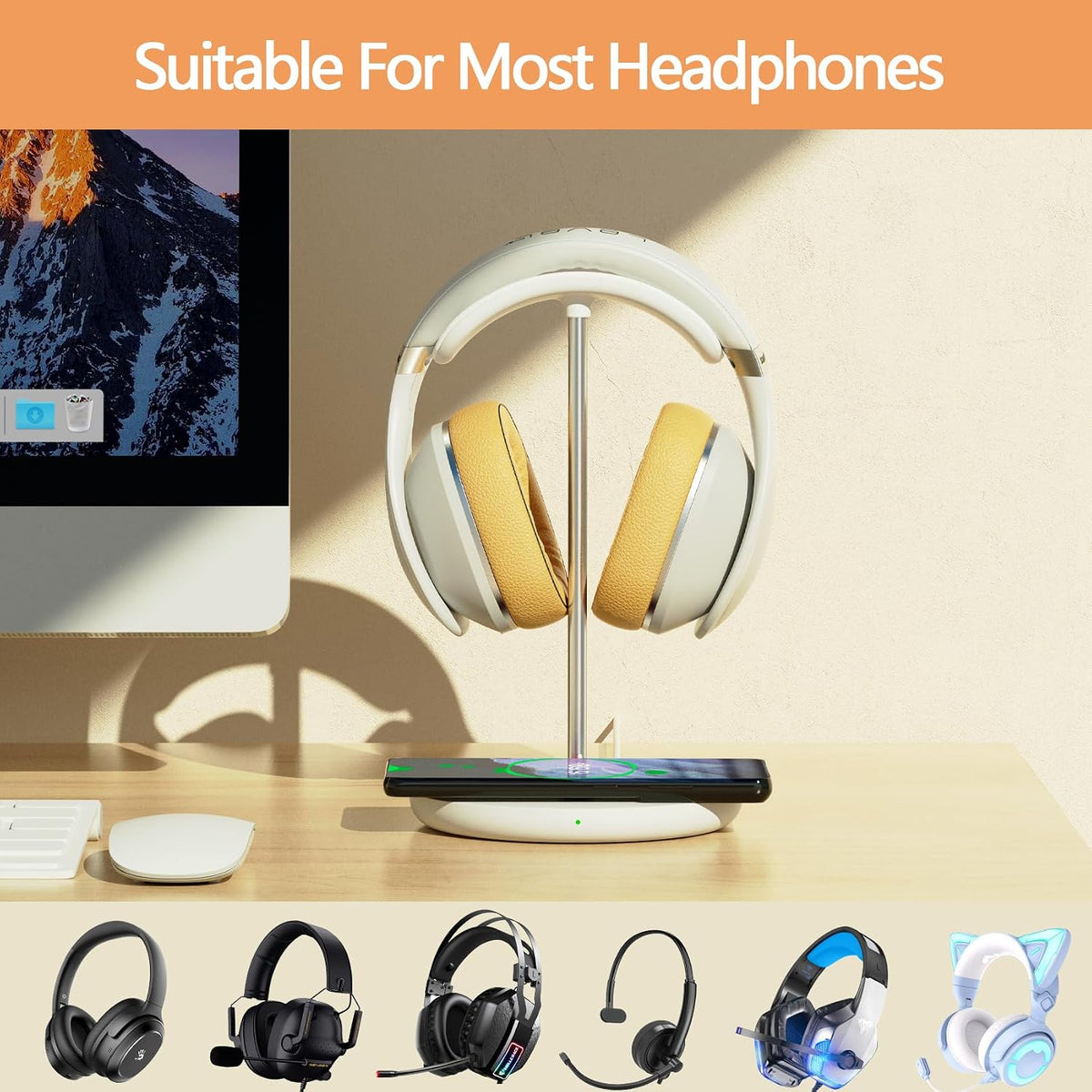 Hiwe Headphone Stand with Wireless Charger, Gaming Headset Holder for Desk