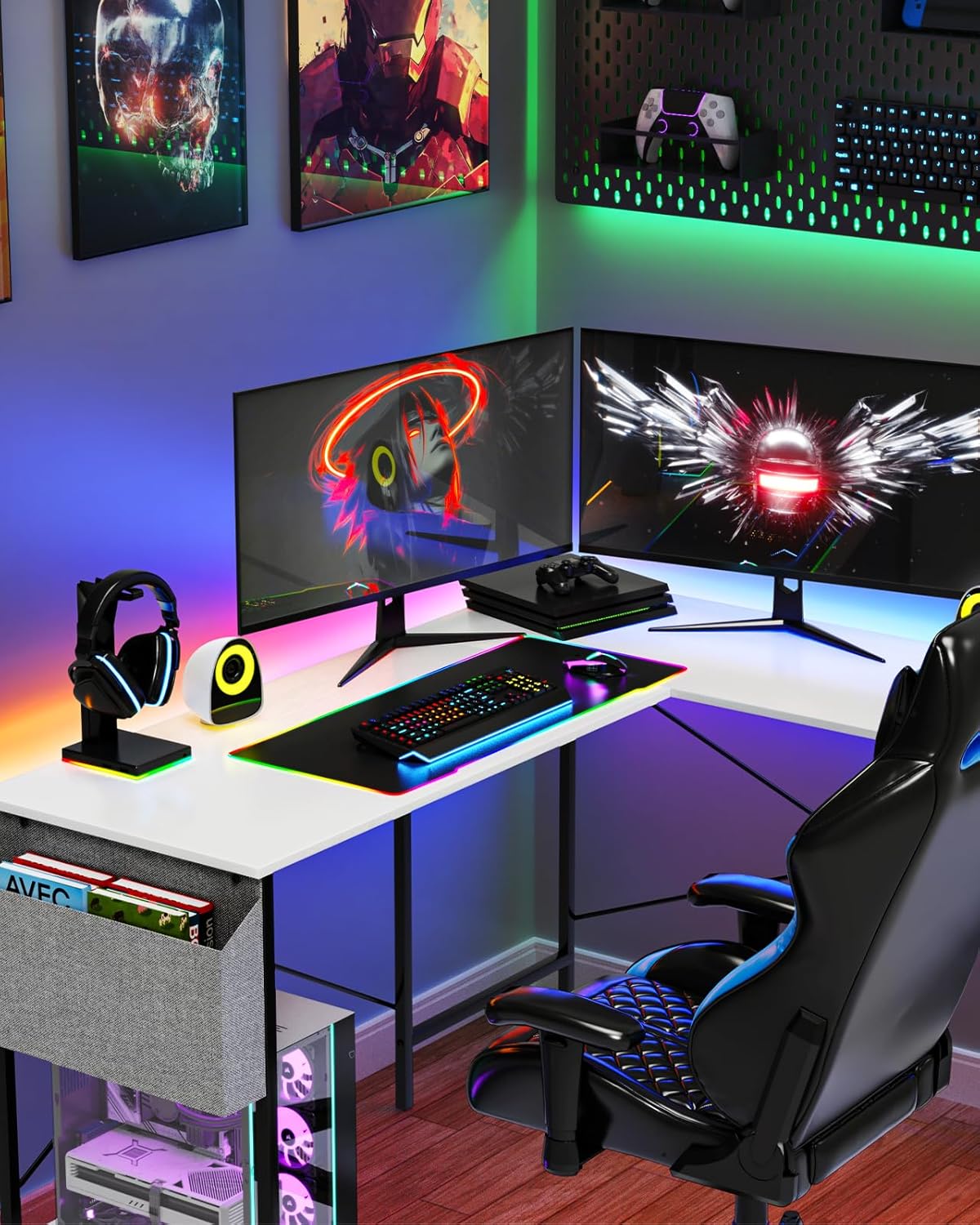 L Shaped Desk Gaming Computer 50 Inch Reversible Corner Table PC Work Table for Writing Study Student with Wood Tabletop Metal Frame CPU Stand Side Bag for Home Office Small Place