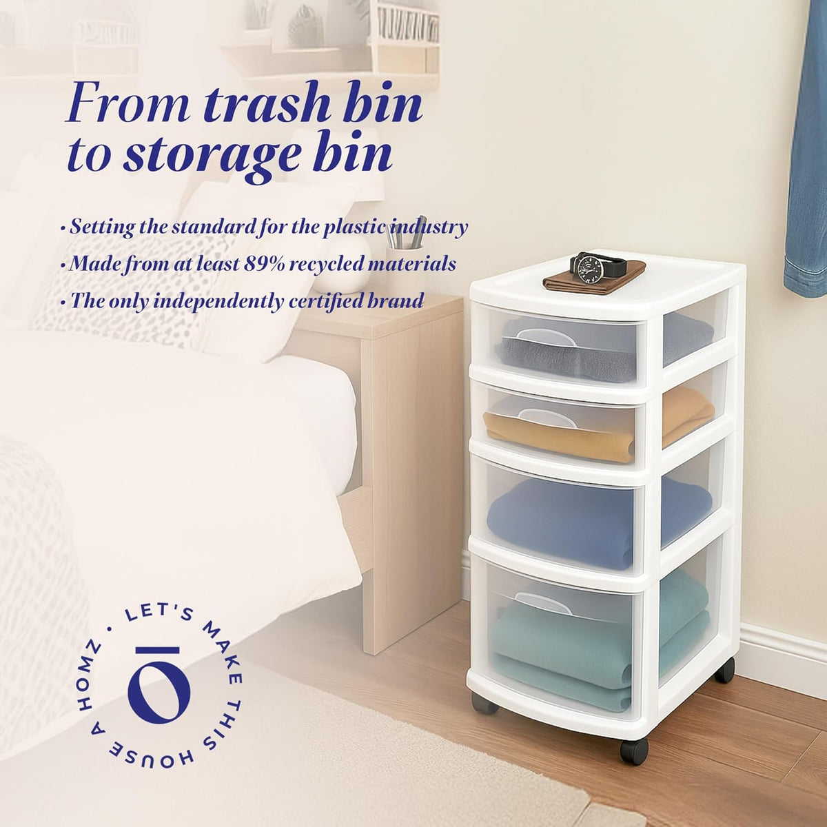 HOMZ Drawer Tower, 4-Tier Clear Plastic Storage Organizer Cart, White Frame - Rolling Drawers with Wheels for Desk, Dresser, Cabinet, Bedroom, Bathroom, Classroom, and Office Organization