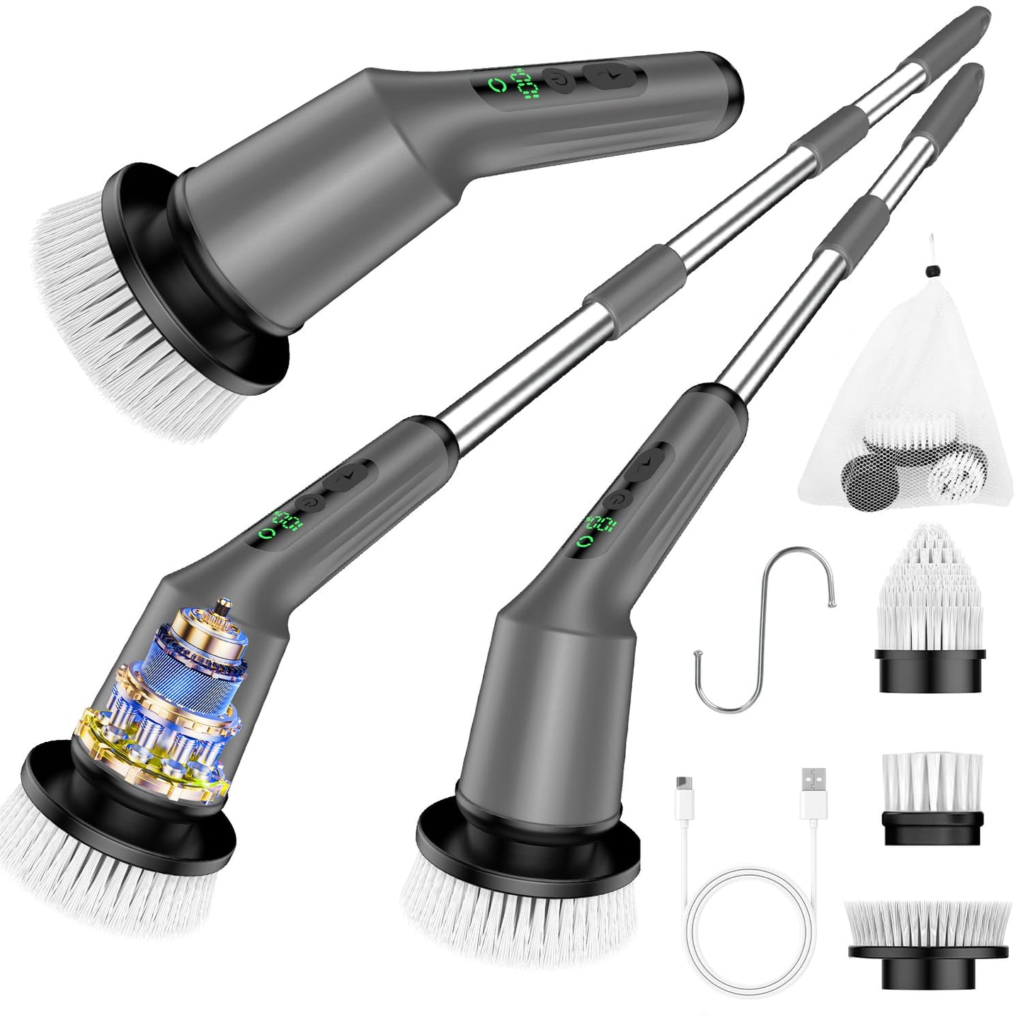 Electric Spin Scrubber for Cleaning Bathroom, Shower Scrubber Cordless Cleaning Brush with IPX7 Waterproof & 2 Speed, 3 Brush Heads, Bathroom Cleaning Supplies for Shower Tub Kitchen Tile Toilet White