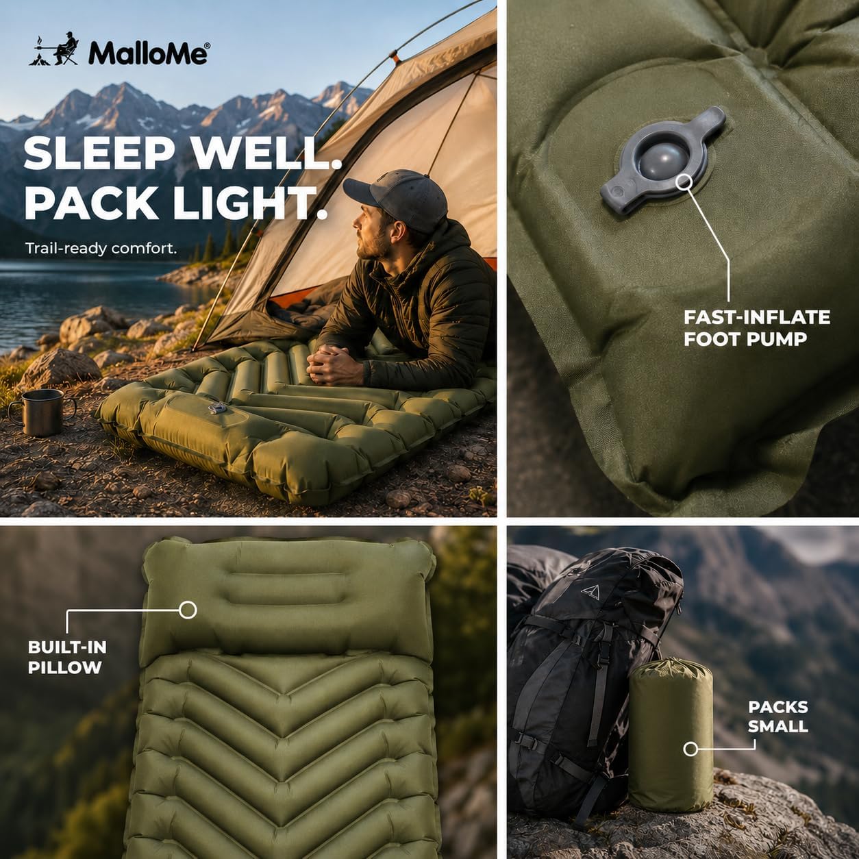 MalloMe Camping Mattress Sleeping Pad for Camping - Bed for Outdoors Self-Inflating Air Mattress for Backpacking Leak-Resistant Inflatable Travel Mat w/Foot Pump Compact Ultralight Single & Double