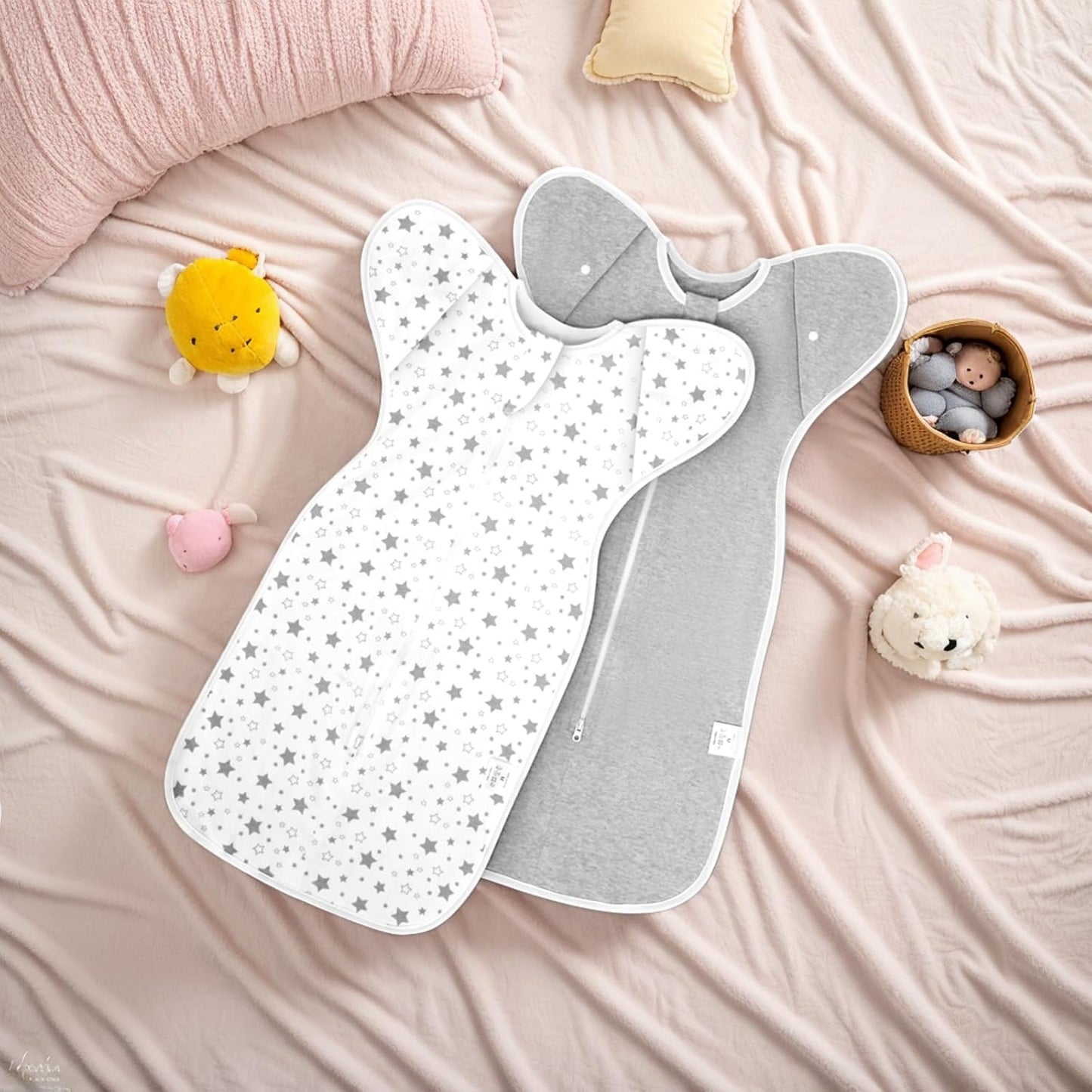 ANYEDDE 2-Pack Baby Swaddle 0-3 Months - Arms Up Swaddle for Newborns, Baby Sleep Bag with Cuff Removable & 2-Way Zipper, Gray Stars Design