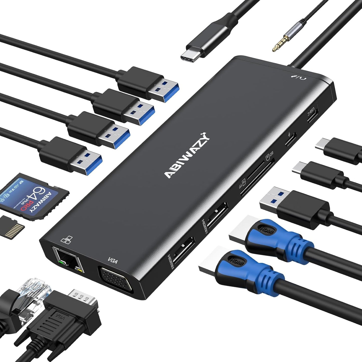USB C Docking Station Dual Monitor for Dell/HP/Lenovo/Surface Laptop, 14 in 1 Triple Display Hub Multiple Adapter, Dongle with 2 HDMI 4K+VGA+5 Port+100W PD Charger+Ethernet+SD/TF+Audio