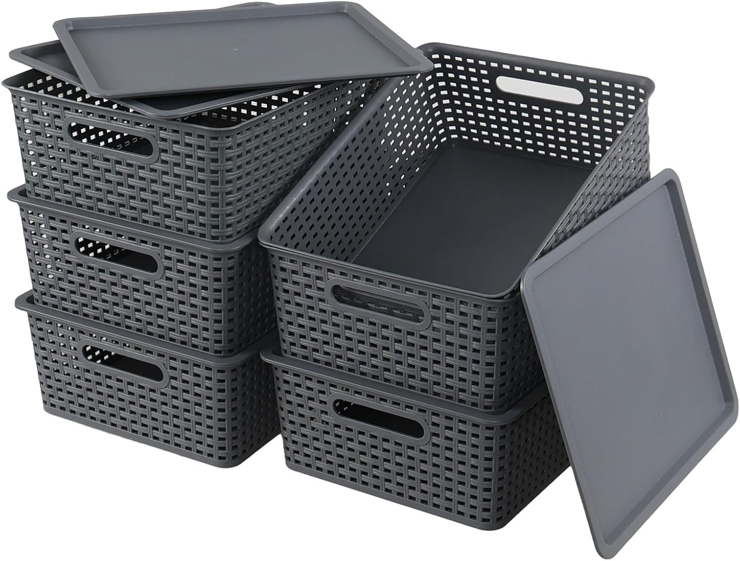 6 Pack Plastic Storage Bins with Lids, Stackable Storage Baskets with Handles, Large Organizer Bins for Desk, Shelves, Office, Plastic Container Bins for Pantry Organizers and Storage, Grey
