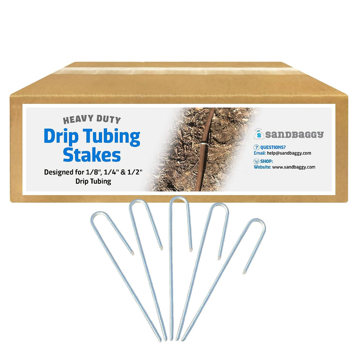 Sandbaggy DRIP TUBING Stakes Landscape Staples | 5 inch Length | Drip Anchors | Landscape Pins | Lawn Nails | Garden Stakes | Hold Drip Tubing Up to 1/4" Diameter | 14-Gauge Standard | Pack of 100