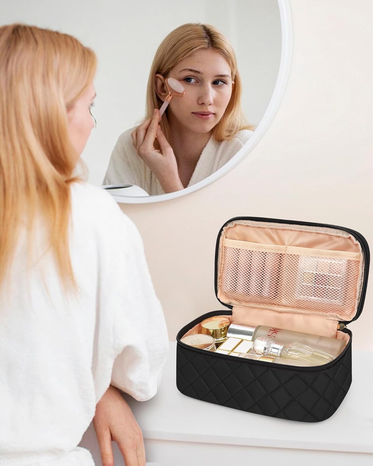 Relavel Small Makeup Bag, Travel Makeup Bag, Cosmetic Bag for Women, 2 Layer Makeup Organizer, Black Make Up Pouch Waterproof, Makeup Brush Holder, Durable Zipper (Black)