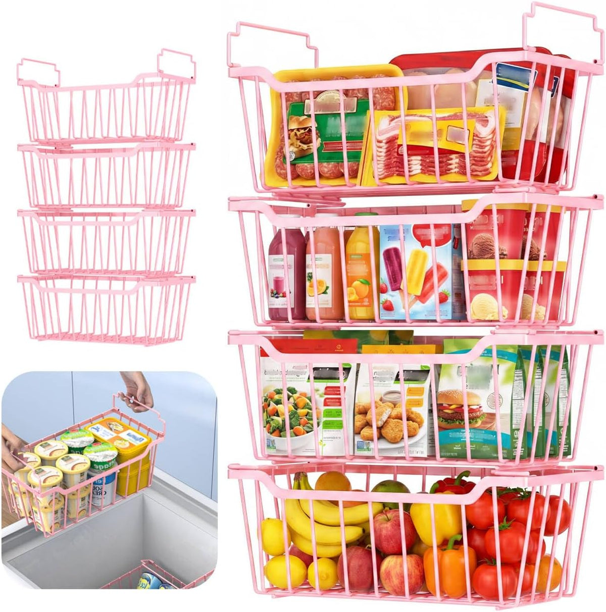 Goovilla Freezer Organizer Bins with Foldable Handle, 4 Pack Stackable Freezer Baskets for 3.5-7 Cu.FT Deep Chest Freezer Organization, Coated Metal Freezer Storage Bins with Better Space Utilization