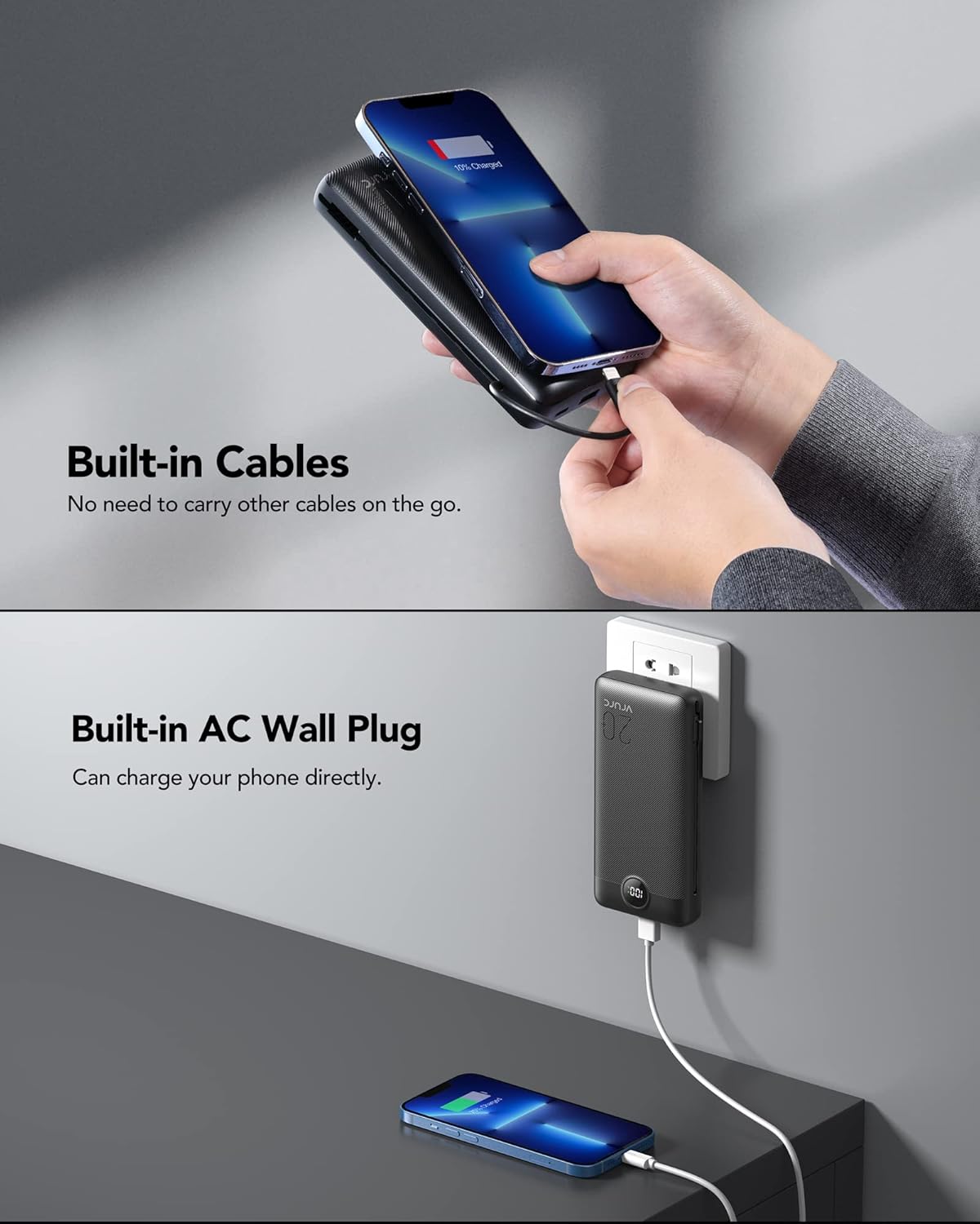 VRURC Portable Charger 20000mAh, Fast Charging Power Bank USB C,4 Output 2 Input Travel Essentials Charging Bank Equipped with LED Display,Built-in Wall Plug and Cables,Phone Charger Battery,Black