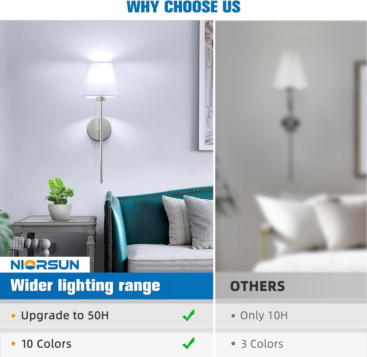 NIORSUN Battery Operated Wall Sconce Set of 2,Brushed Nickel Rechargeable Wall Lights with 10400mAh Dimmable Detachable Bulbs and Remote, 10 Colors Wireless Sconces for Bedroom Living Room Hallway