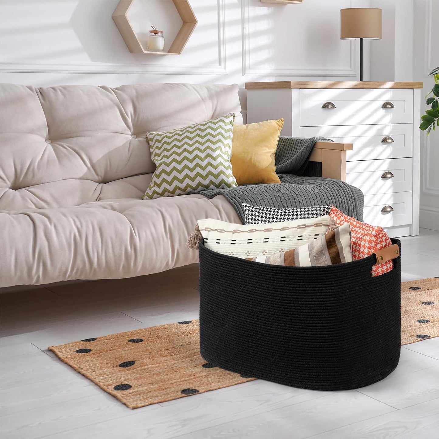 danpinera Large Woven Basket, 108 L Blanket Basket for Living Room, Nursery Bin for Toys Organizing & Laundry, Cotton Rope Hamper with Leather Handle, 25’’*16’’*16’’ Black