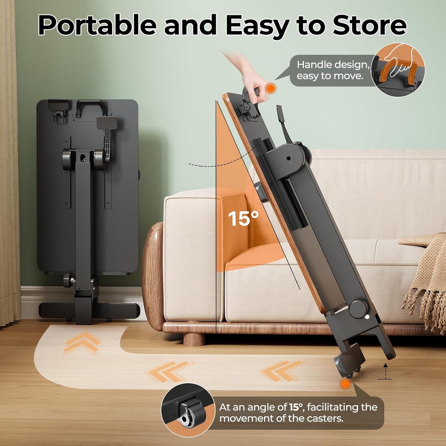 Foldable Mobile Standing Desk, 27 Inch Small Rolling Laptop Cart Height Adjustment, 90° Tiltable Bedside Table, No Assembly Needed Portable Computer Workstation, Dark Wood