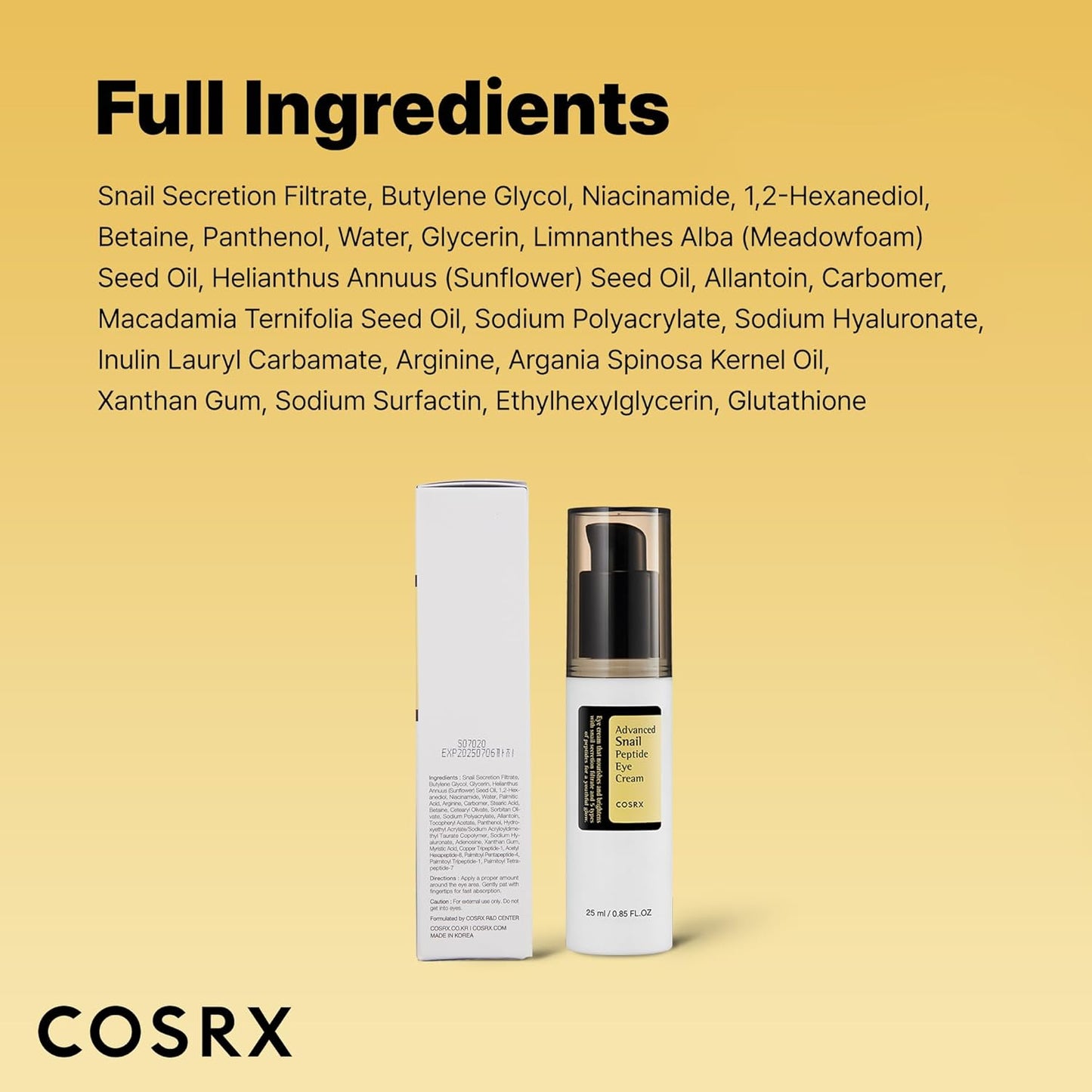 COSRX Snail Mucin Peptide Under Eye Cream, 73.7% Snail Mucin and Niacinamide, Eye Care, Eye Cream Anti Aging, Korean Eye Cream for Dark Circles, Korean Skin Care, 0.84 fl oz
