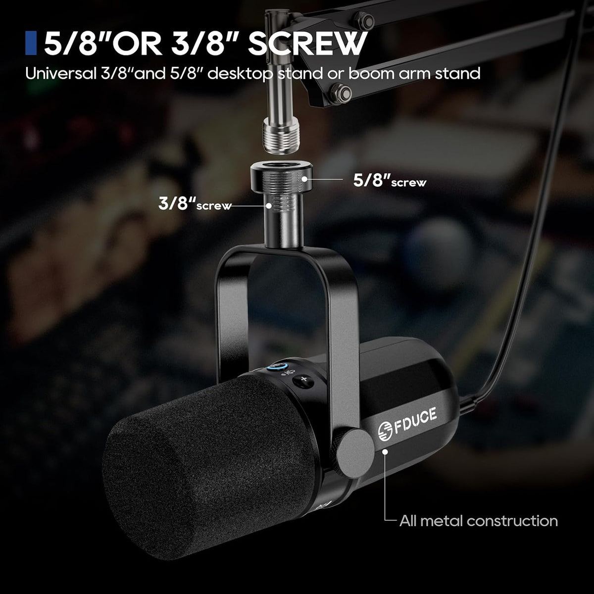 FDUCE SL40 USB/XLR Dynamic Microphone for Podcasting, Gaming, Live Streaming and Recording, Built-in Headphone Output, LED Mute Button, All Metal, Voice Isolation Technology