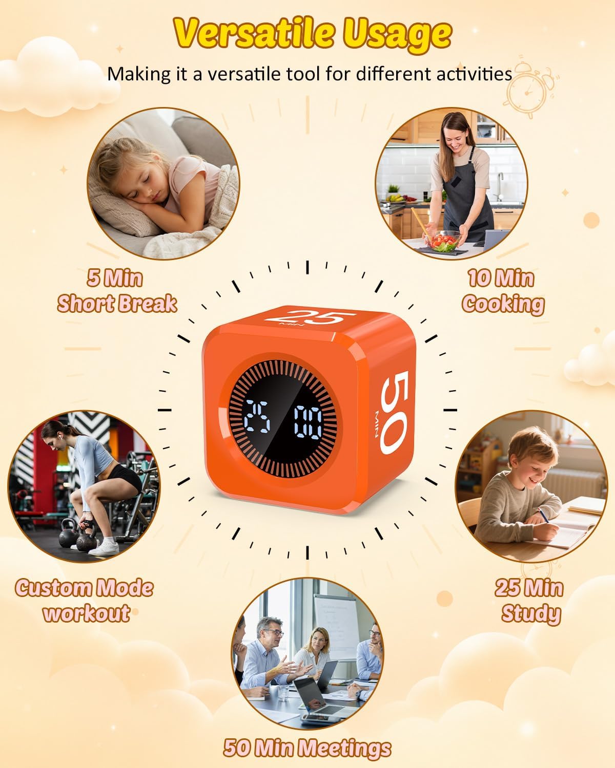 Digital Pomodoro Timer Cube 5/10/25/50min Preset, Silent & Sound Alarm