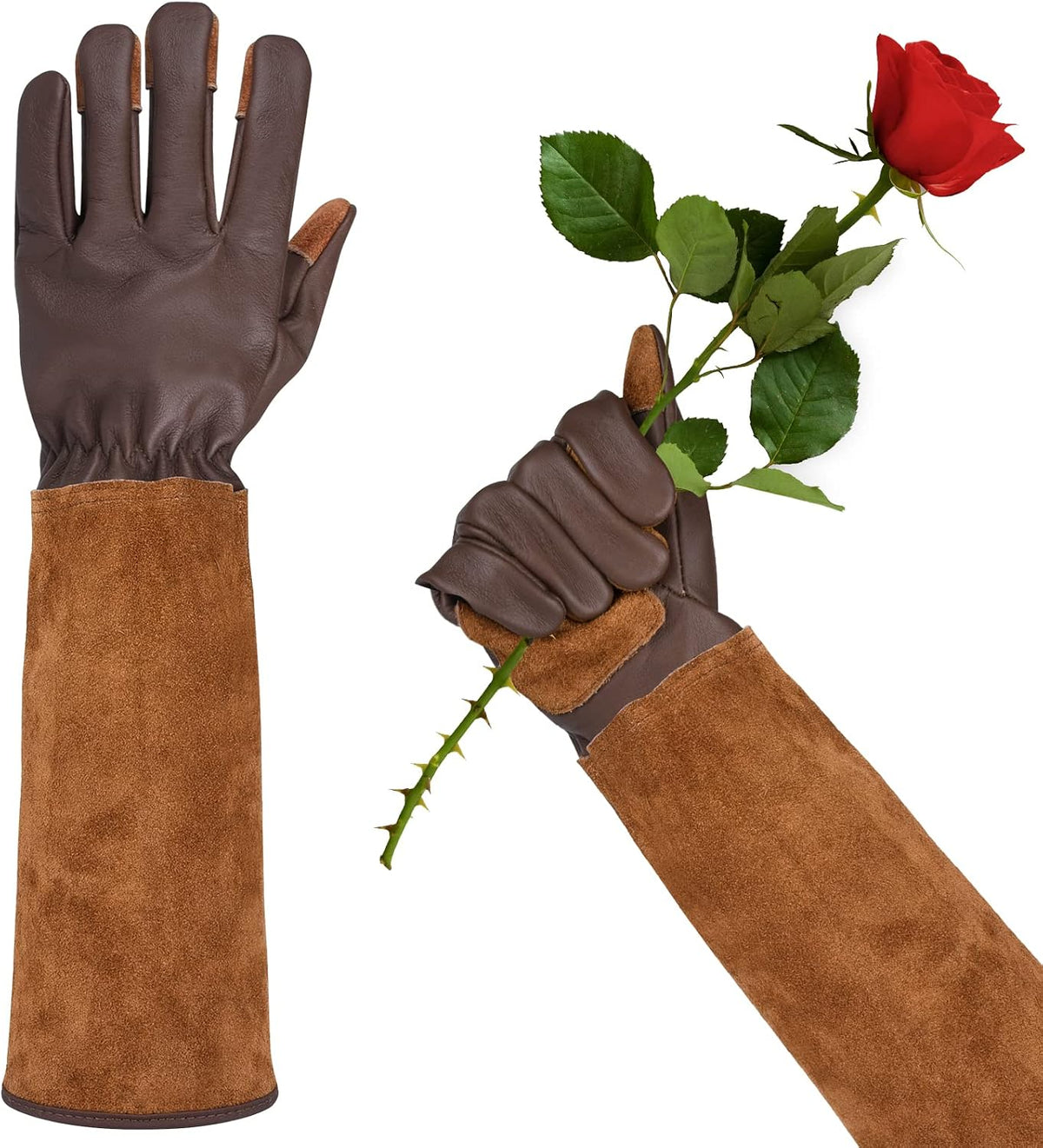 WOHEER Long Gardening Gloves for Women Thorn Proof,Rose Pruning Cowhide Leather Garden Glove for Cactus, Rose and Blackberry