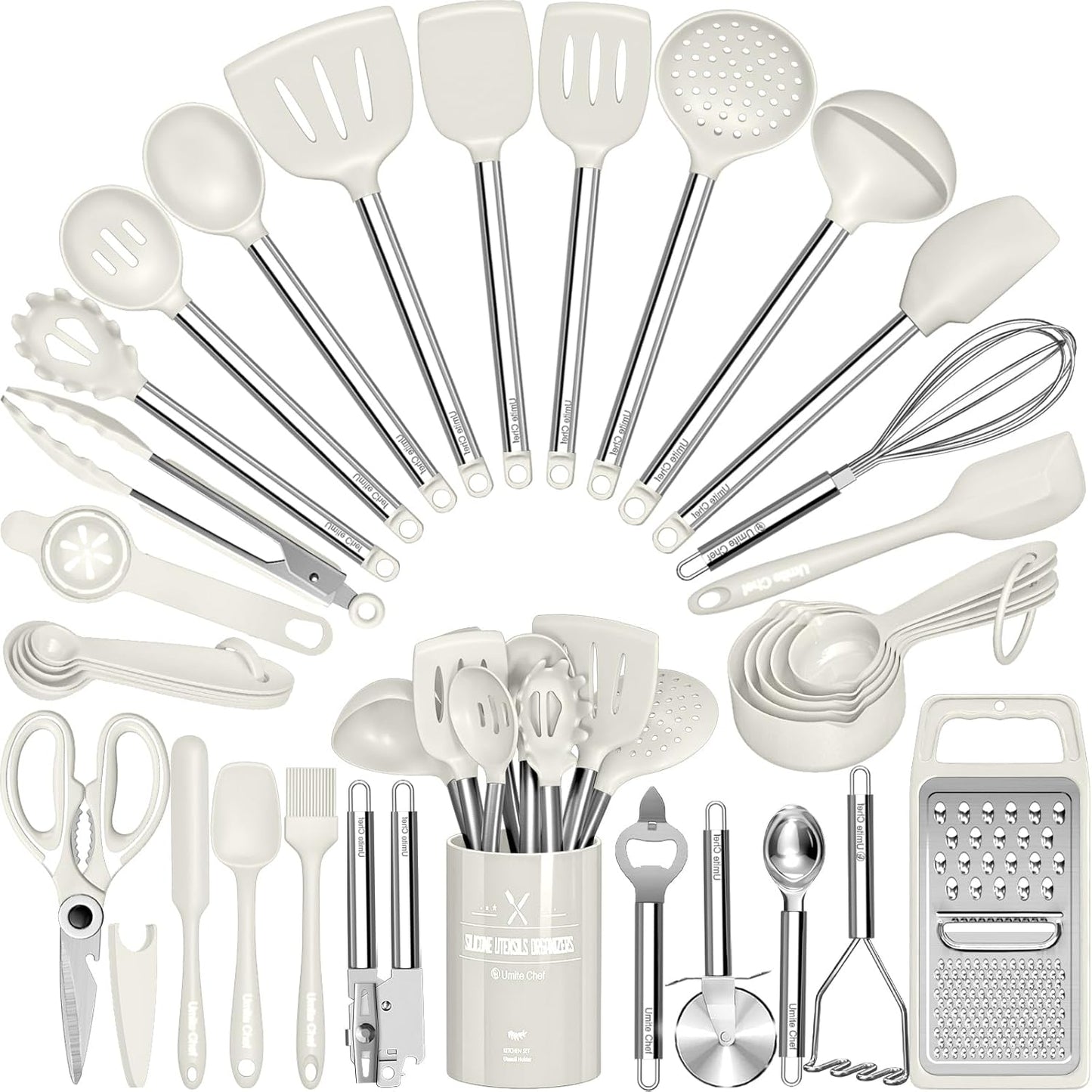 Kitchen Utensils Set-Umite Chef 34 Pcs Silicone Cooking Utensils Set for Nonstick Cookware-Silicone Spatulas Set, Stainless Steel Handle-Khaki Kitchen Gadgets Tools, Pots and Pans Accessories