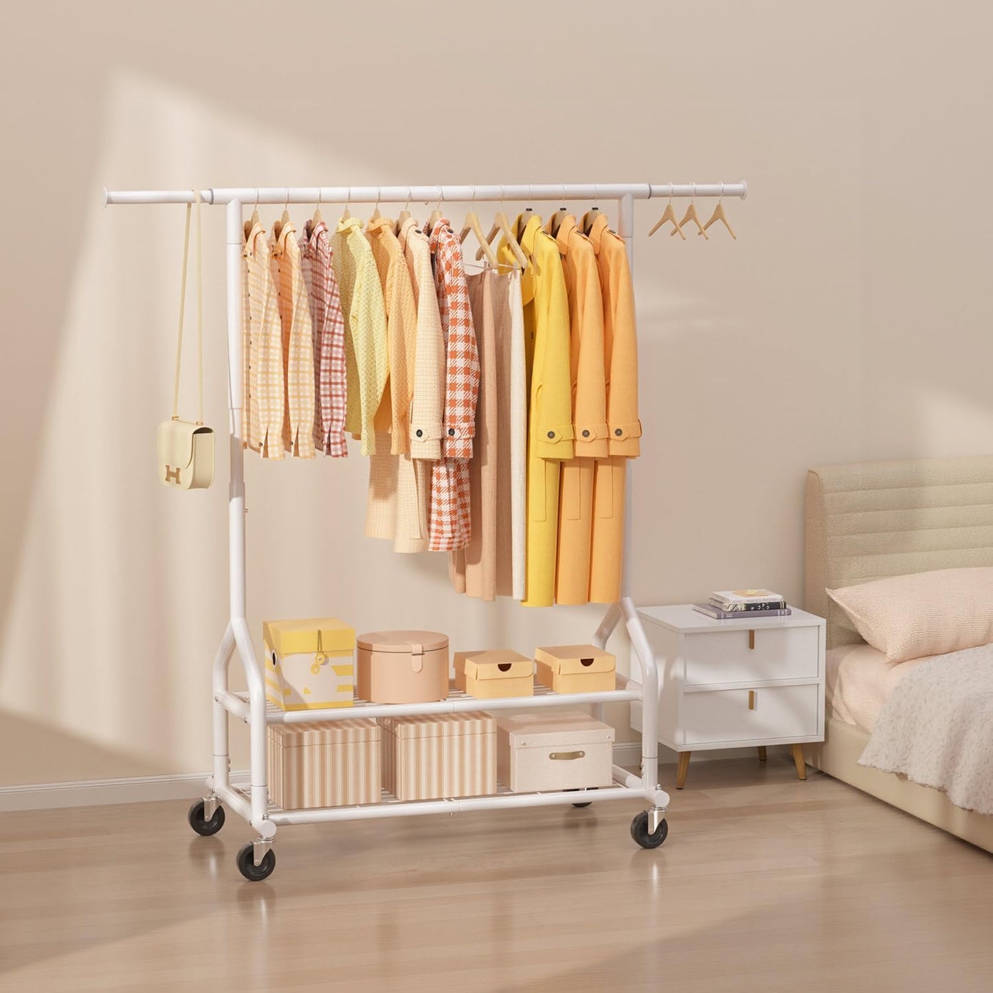 EAGMAK Heavy Duty Clothes Rack Load 556 LBS, Rolling Clothing Rack With Shelves, Height Adjustable Metal Clothes Hanger with Wheels Portable Wardrobe Organizer Garment Rod for Hanging Clothes (White)