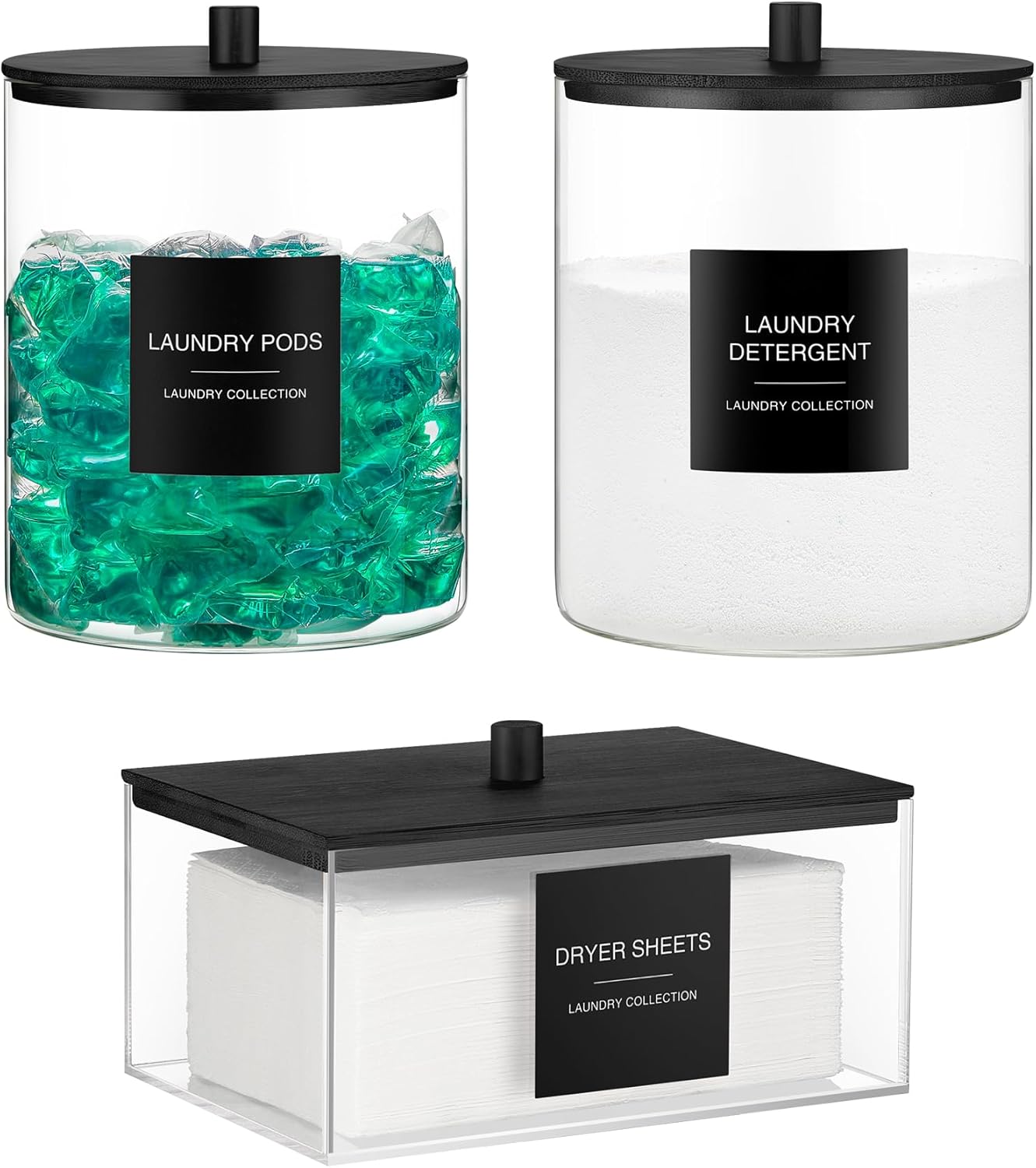 TIPGO Glass Jars and Acrylic Dryer Sheet Holder, Laundry Pods Container with Bamboo Lid and 27 Labels, Powder Detergent Containers for Laundry Room Organization, Storage Jars Set (3 Pack)