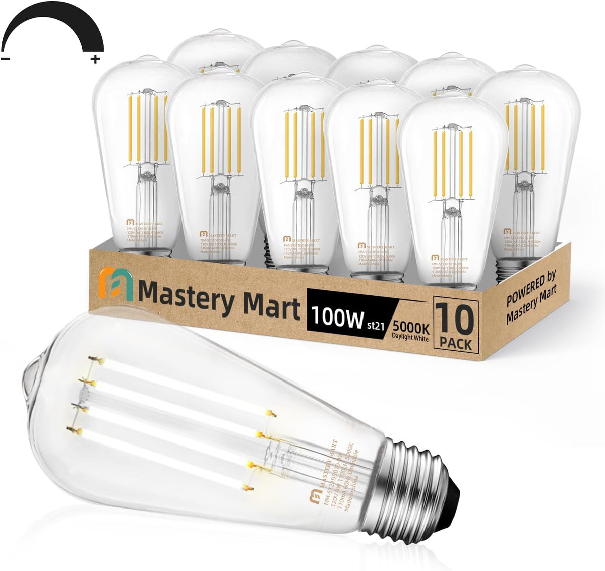 MASTERY MART 100 Watt LED Bulb, Edison Bulbs, Dimmable Lightbulbs E26, 5000K Daylight White Bright 9W 1100 Lumens, ST21/ST64 Vintage Lightbulb, UL Listed, Clear Glass, Decorative Light Bulb (10 Pack)