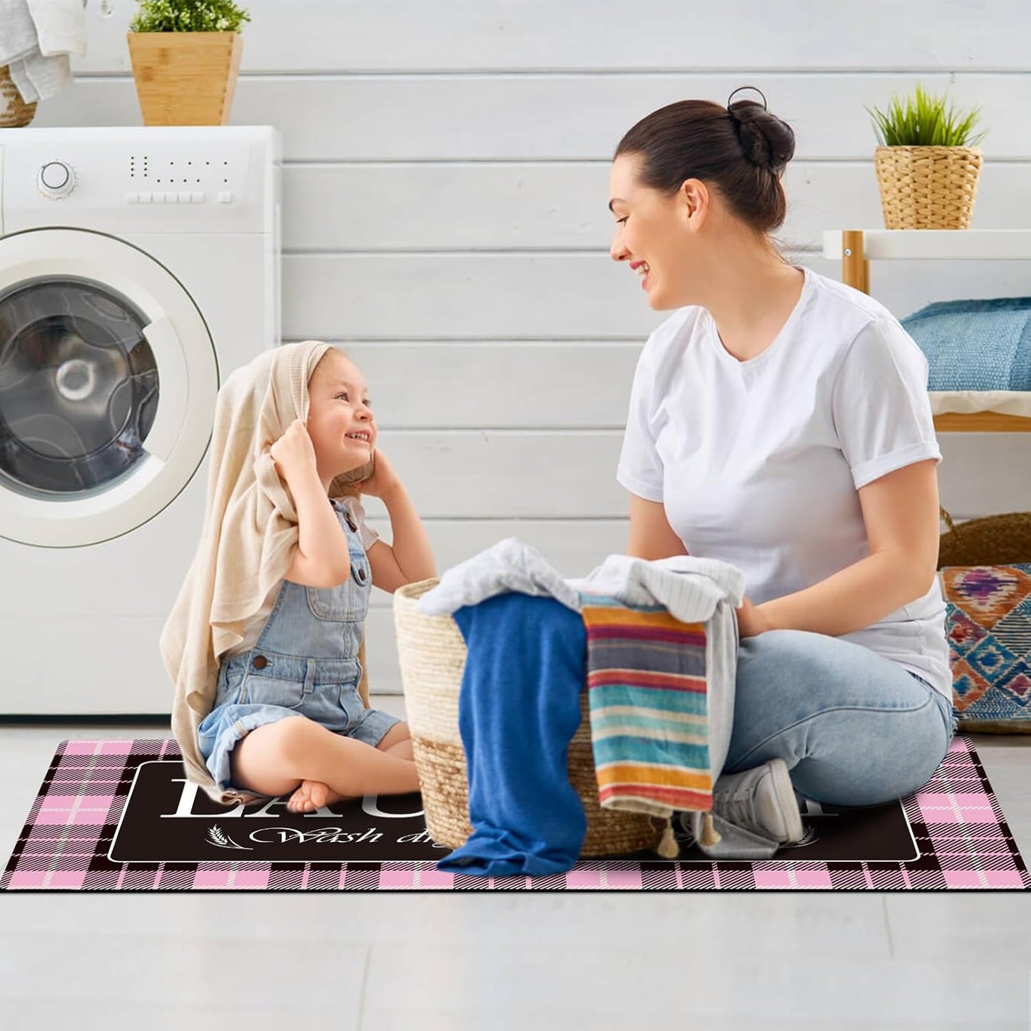 XLHOMO Laundry Room Rugs and Mats, 17"x47" Buffalo Plaid Pink Laundry Room Rug Runner Washable Non Slip, Farmhouse Laundry Mats for Floor, Mudroom, Kitchen, Washroom, Bathroom, Entryway Carpet Decor