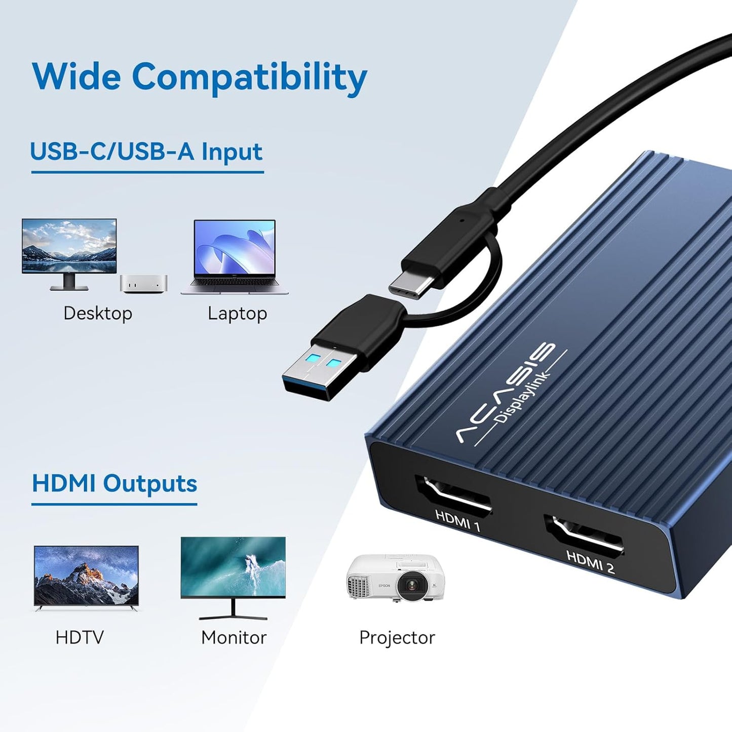 ACASIS USB C to Dual HDMI DisplayLink Adapter, 4K@60Hz, 2 HDMI & 3 USB-A Ports, 100W PD Charging, USB C DisplayLink Docking Station for Mac M1/M2/M3/M4/M5/Neo/Windows,USB A/C to Dual Monitor Adapter